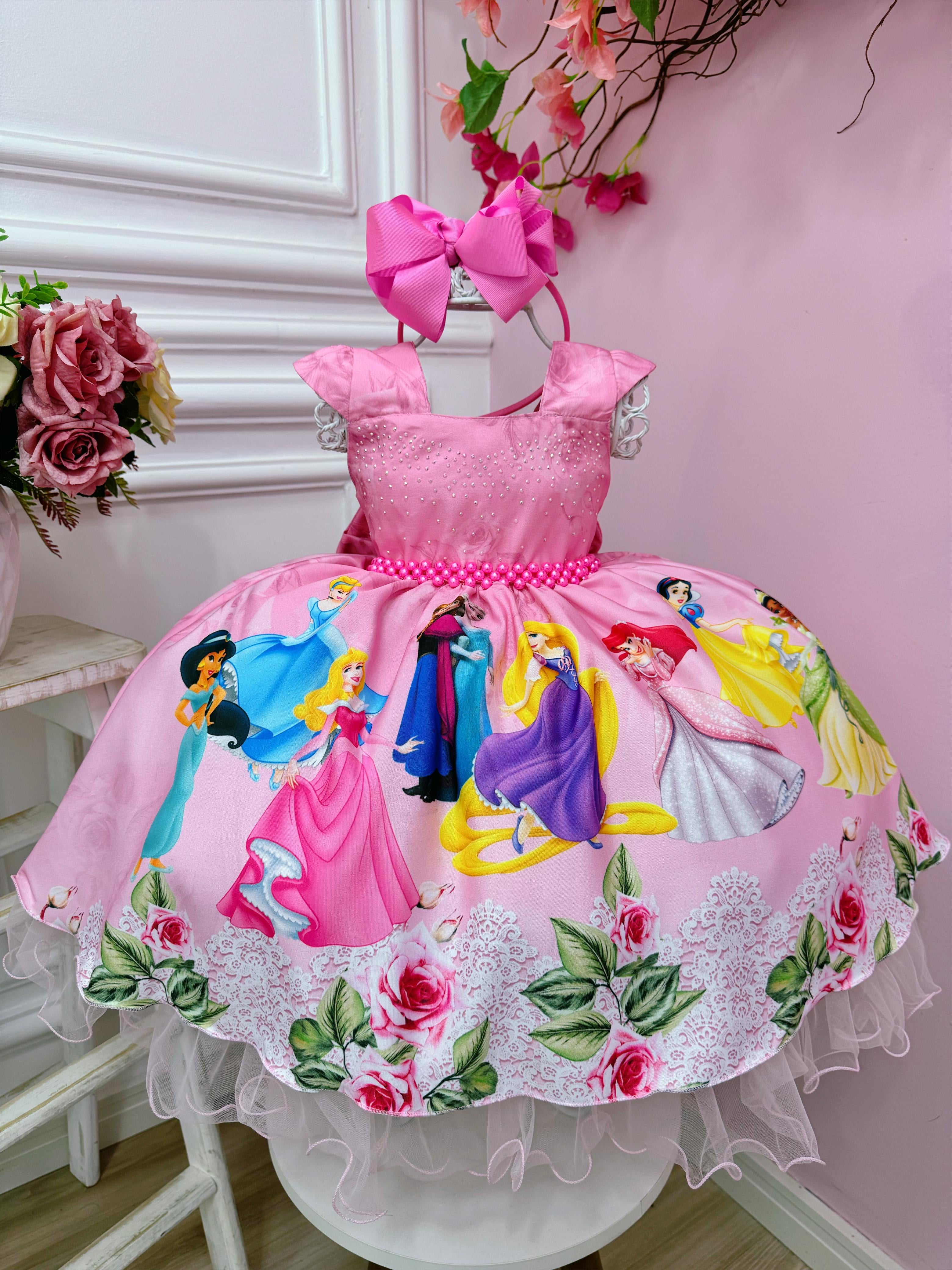 Vestido Infantil Princesas Rosa Cinto de Pérolas Luxo