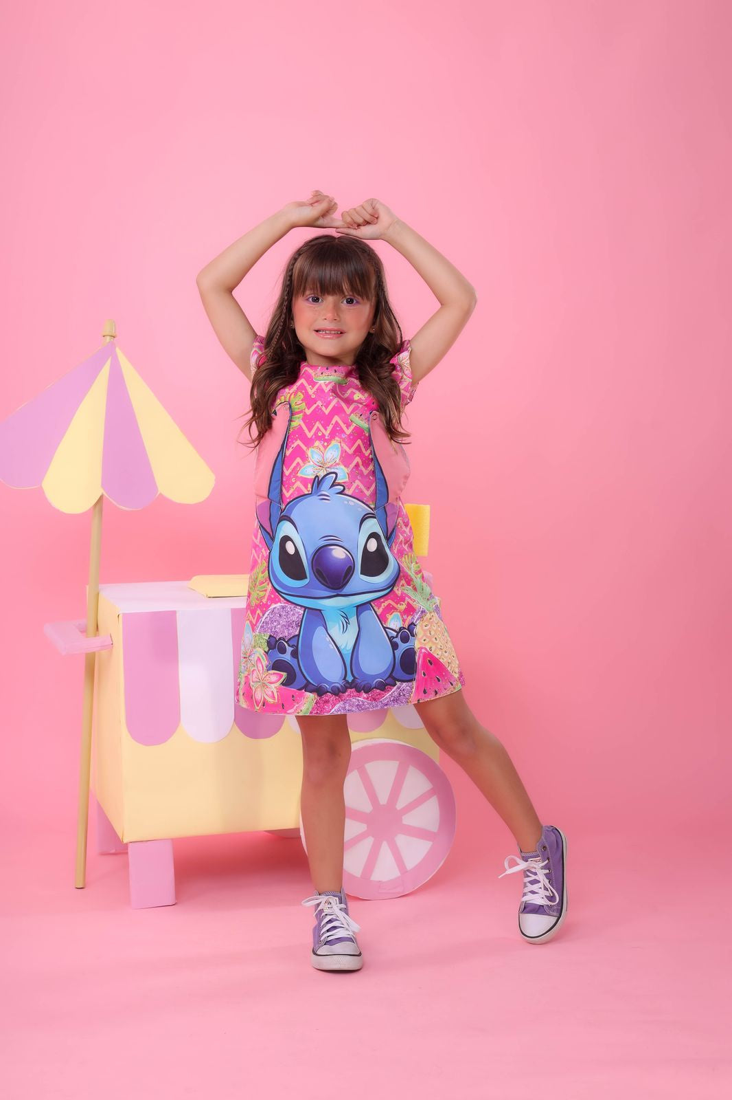 Vestido Infantil Rosa Lilo e Stitch Luxo Festas
