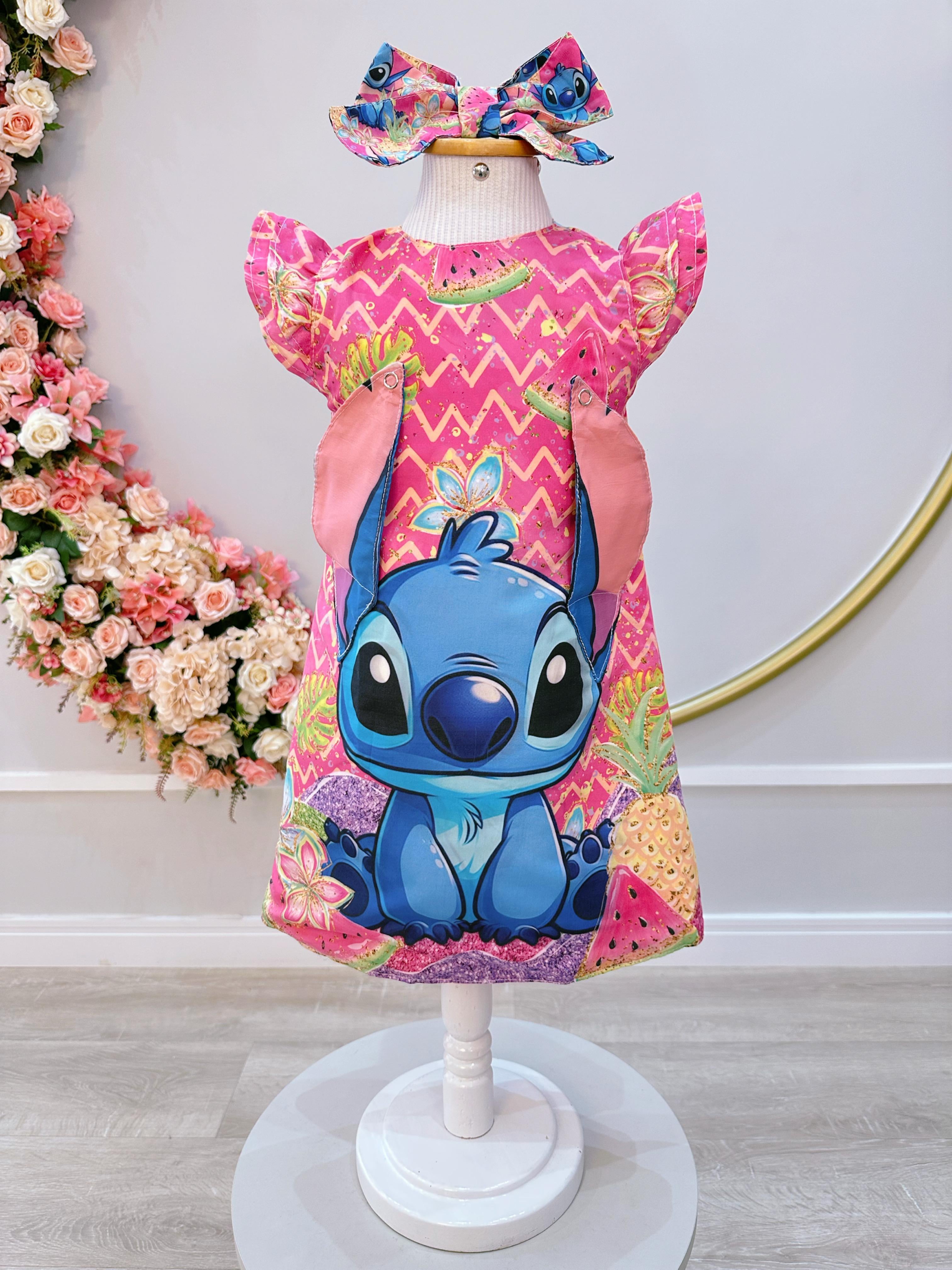 Vestido Infantil Rosa Lilo e Stitch Luxo Festas