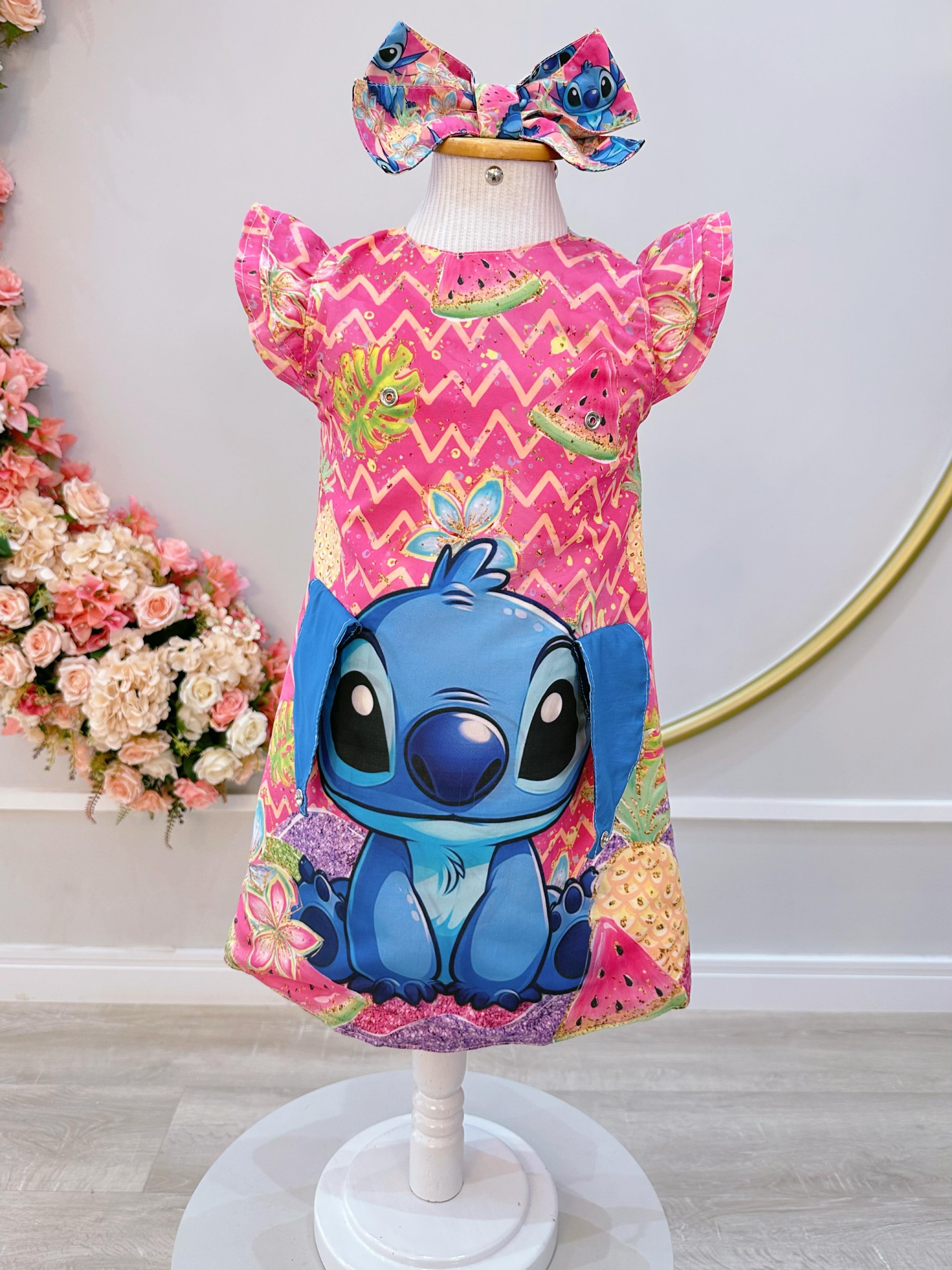 Vestido Infantil Rosa Lilo e Stitch Luxo Festas