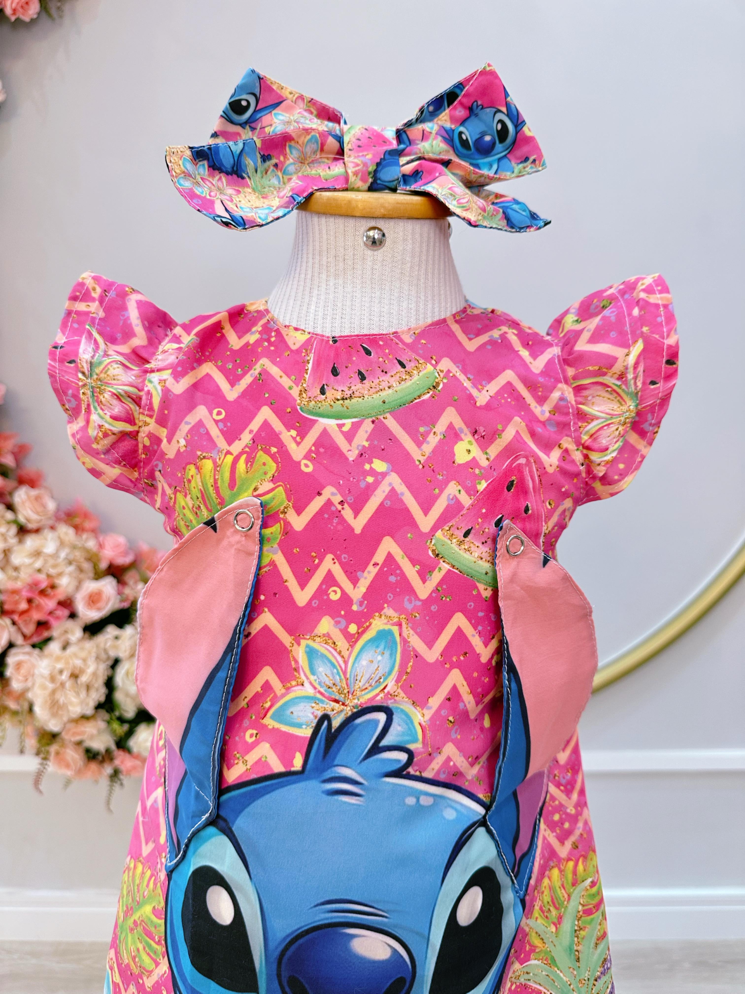 Vestido Infantil Rosa Lilo e Stitch Luxo Festas