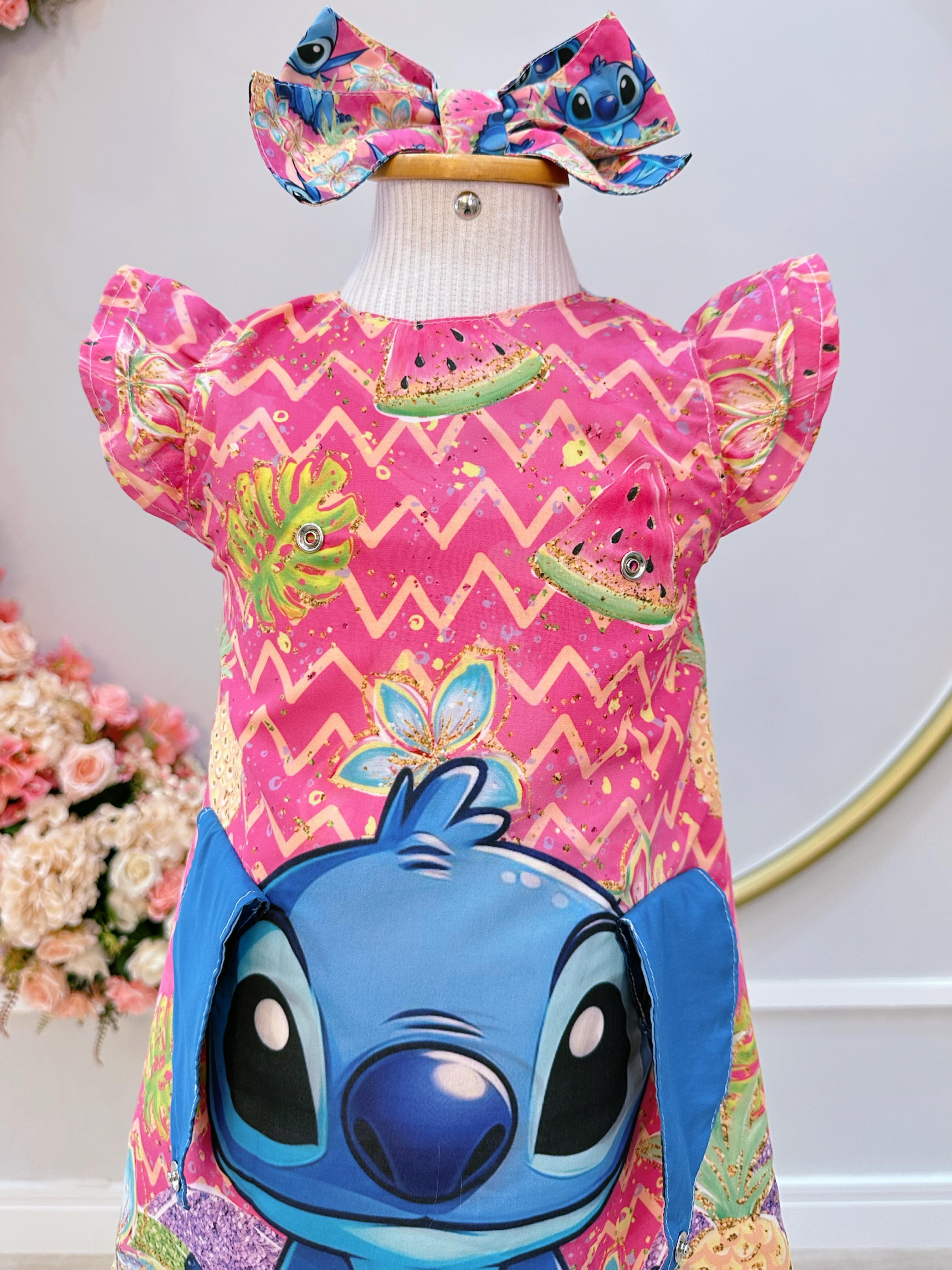 Vestido Infantil Rosa Lilo e Stitch Luxo Festas