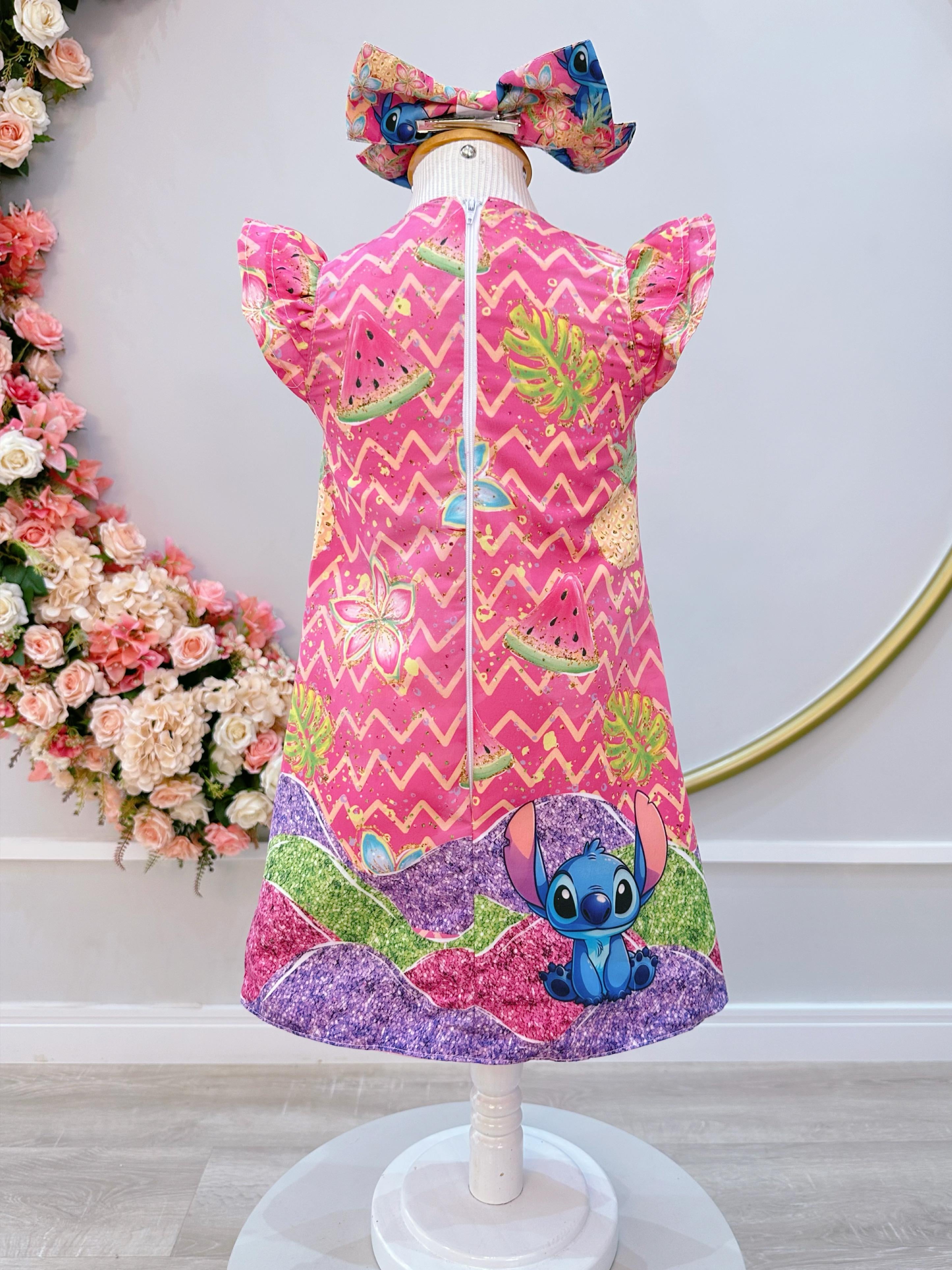 Vestido Infantil Rosa Lilo e Stitch Luxo Festas