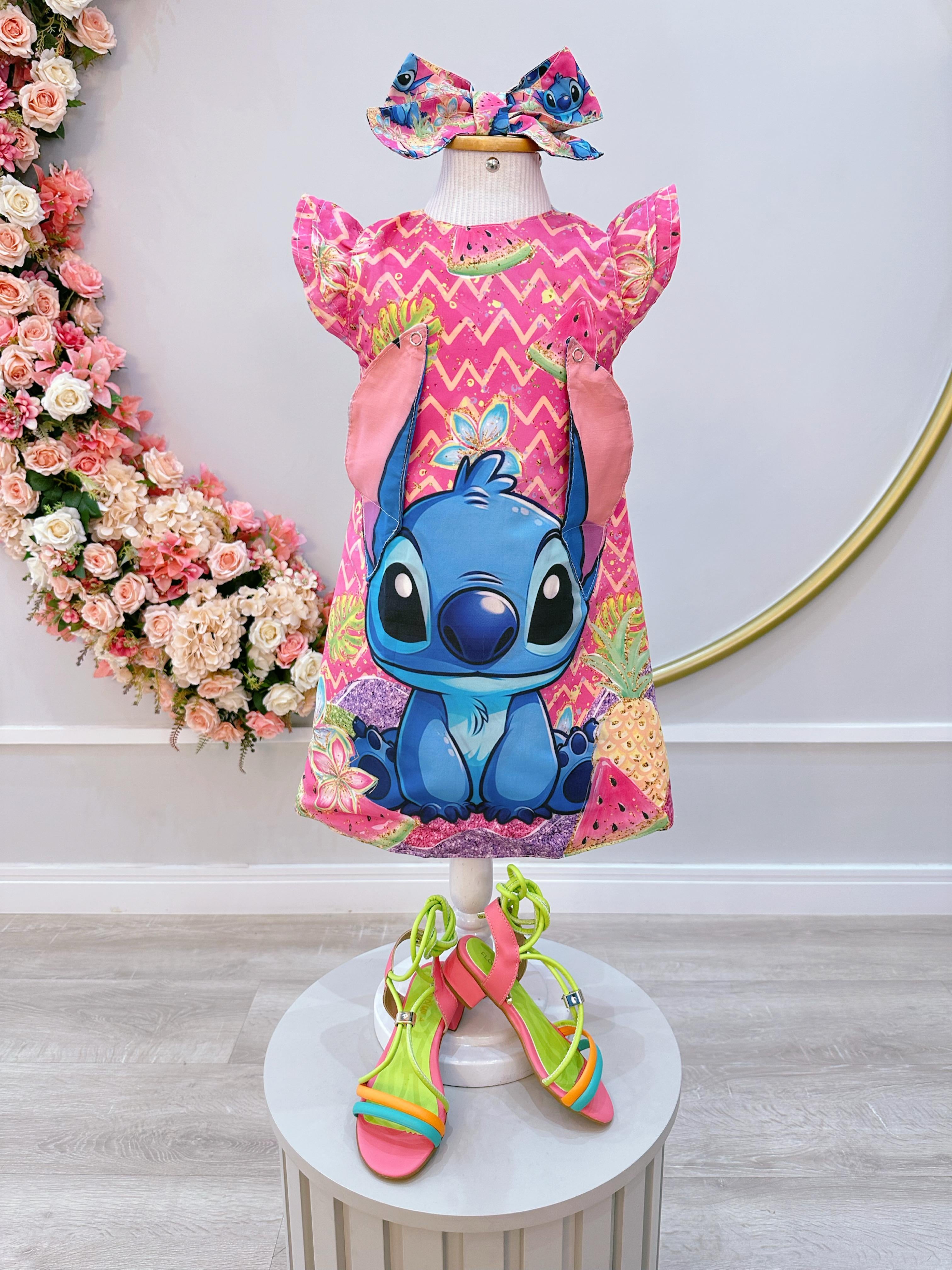 Vestido Infantil Rosa Lilo e Stitch Luxo Festas