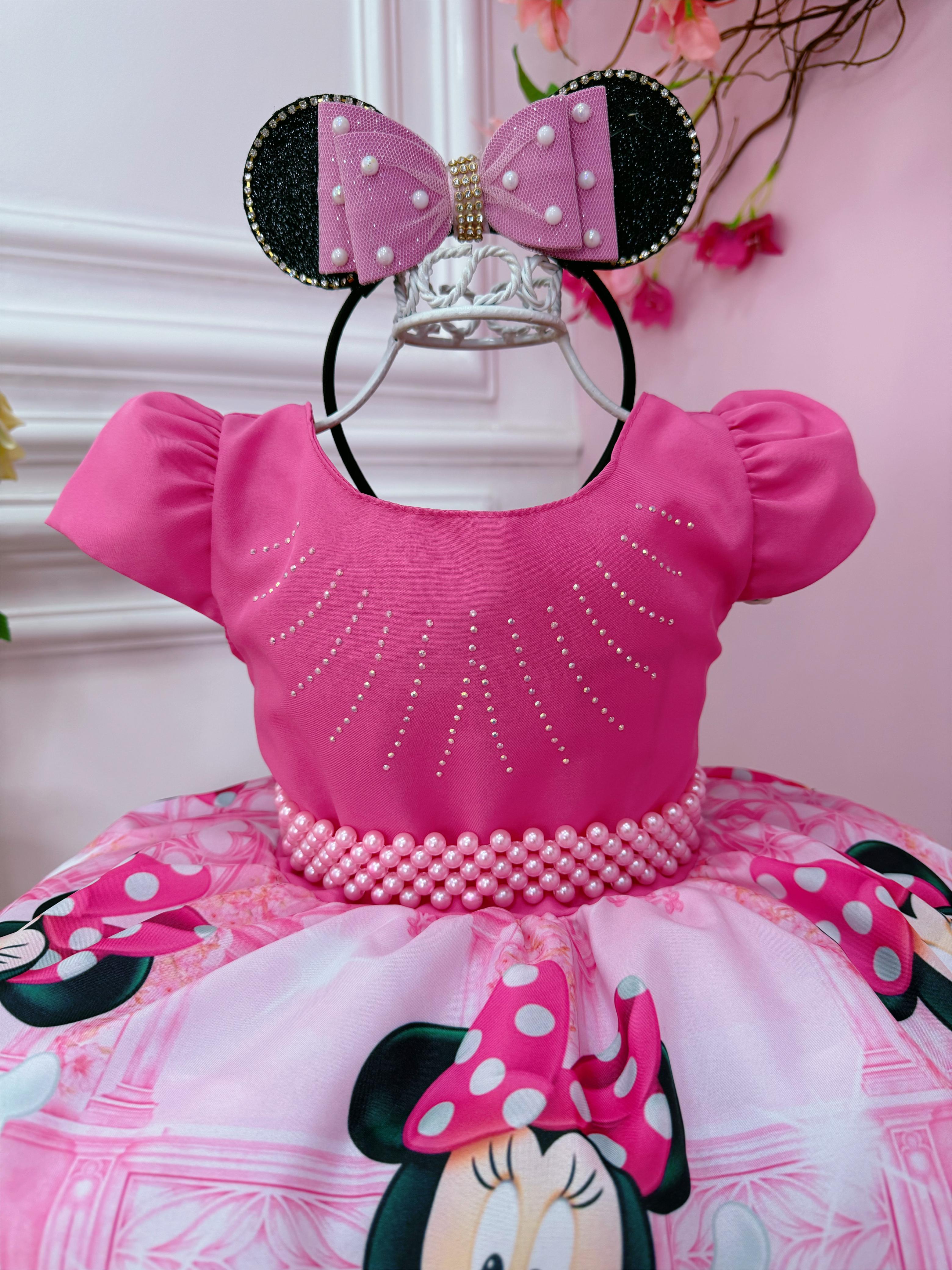 Vestido Infantil Rosa Minnie Florido Strass Cinto de Pérolas