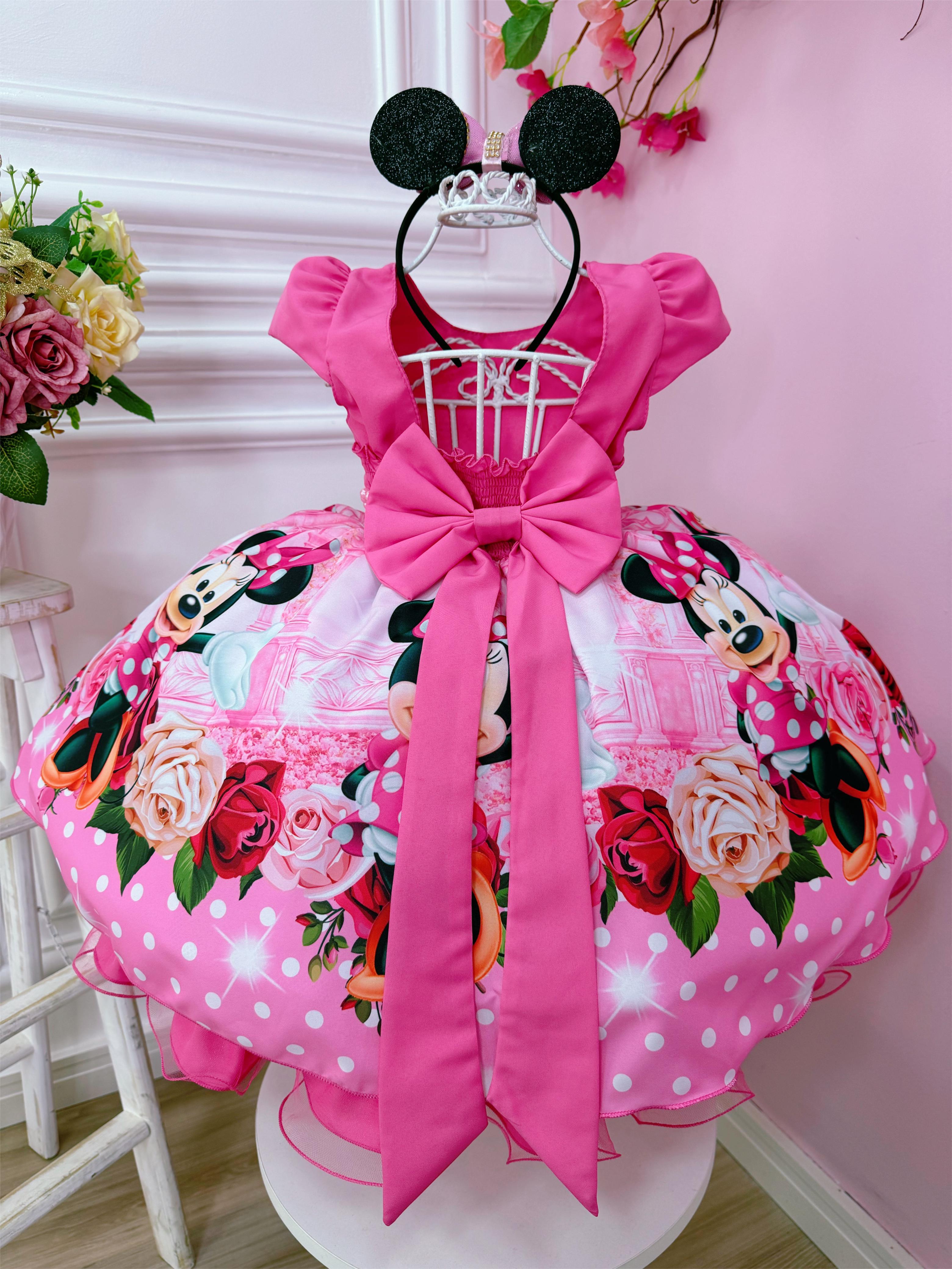 Vestido Infantil Rosa Minnie Florido Strass Cinto de Pérolas