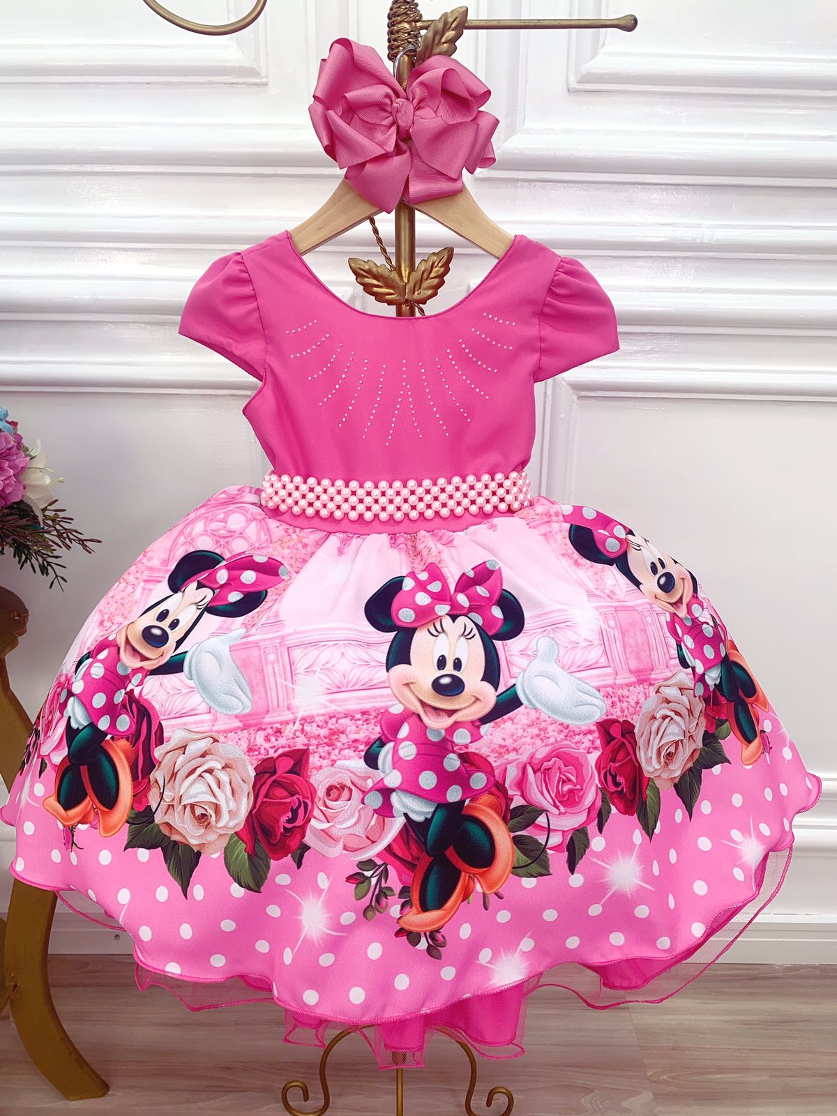 Vestido Infantil Rosa Minnie Florido Strass Cinto de Pérolas