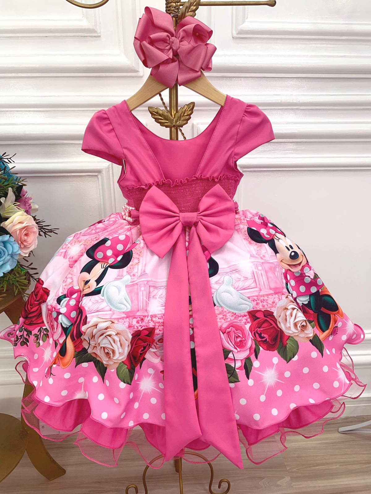 Vestido Infantil Rosa Minnie Florido Strass Cinto de Pérolas