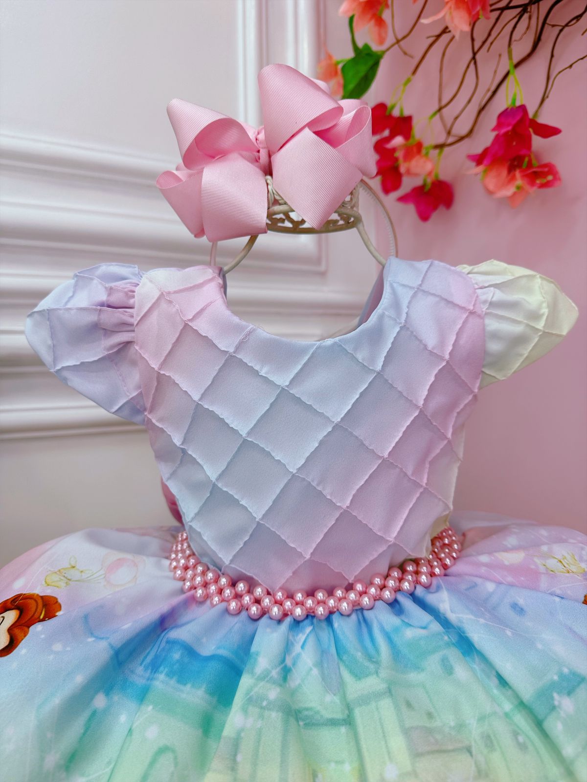 Vestido Infantil Rosa Princesas Peito Nervura Cinto Pérolas