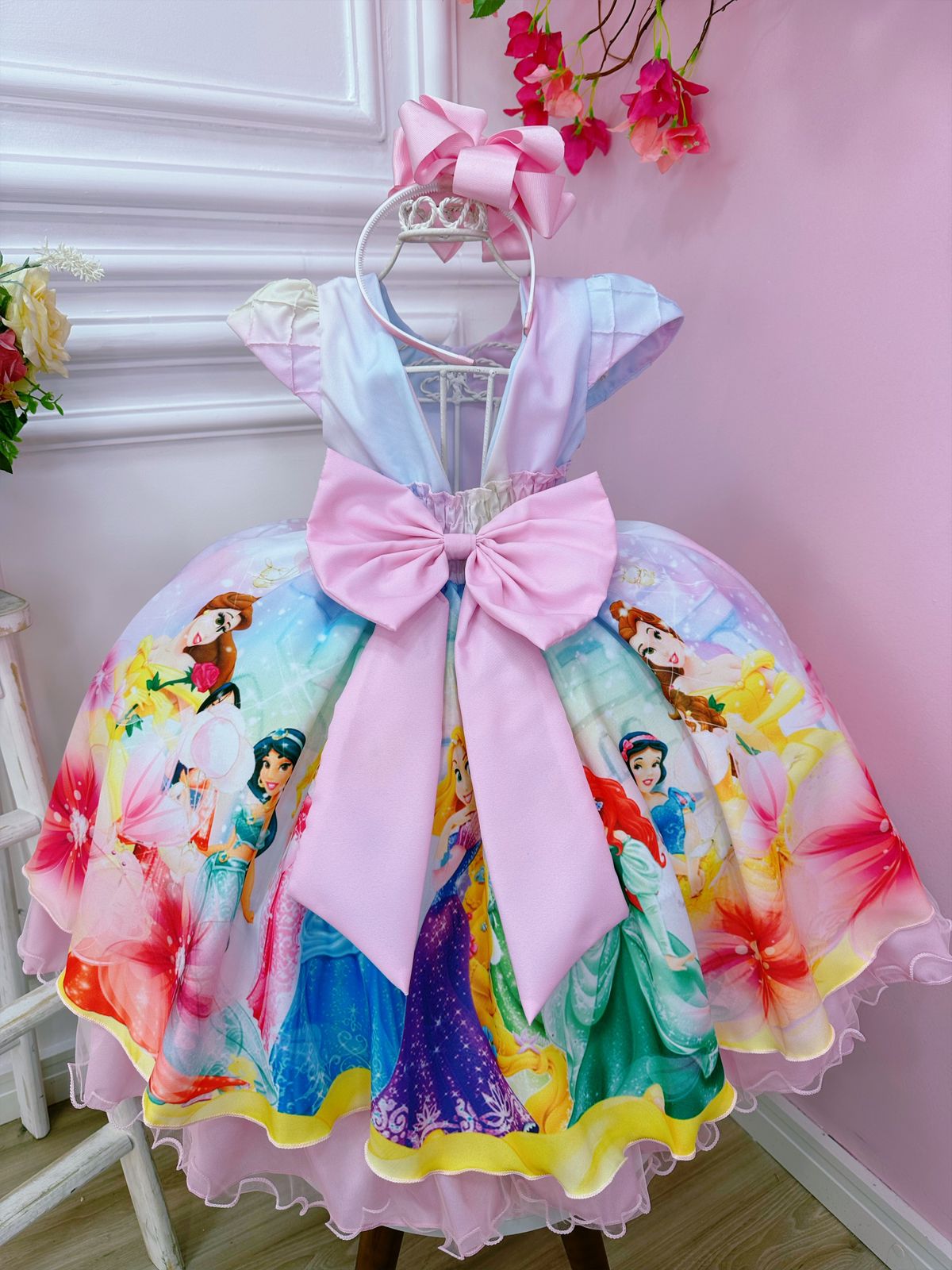 Vestido Infantil Rosa Princesas Peito Nervura Cinto Pérolas