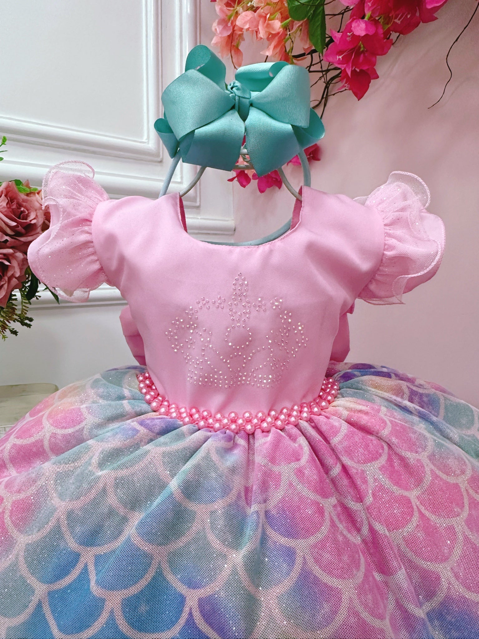 Vestido Infantil Sereia Ariel Rosa Saia Colorida Escamas