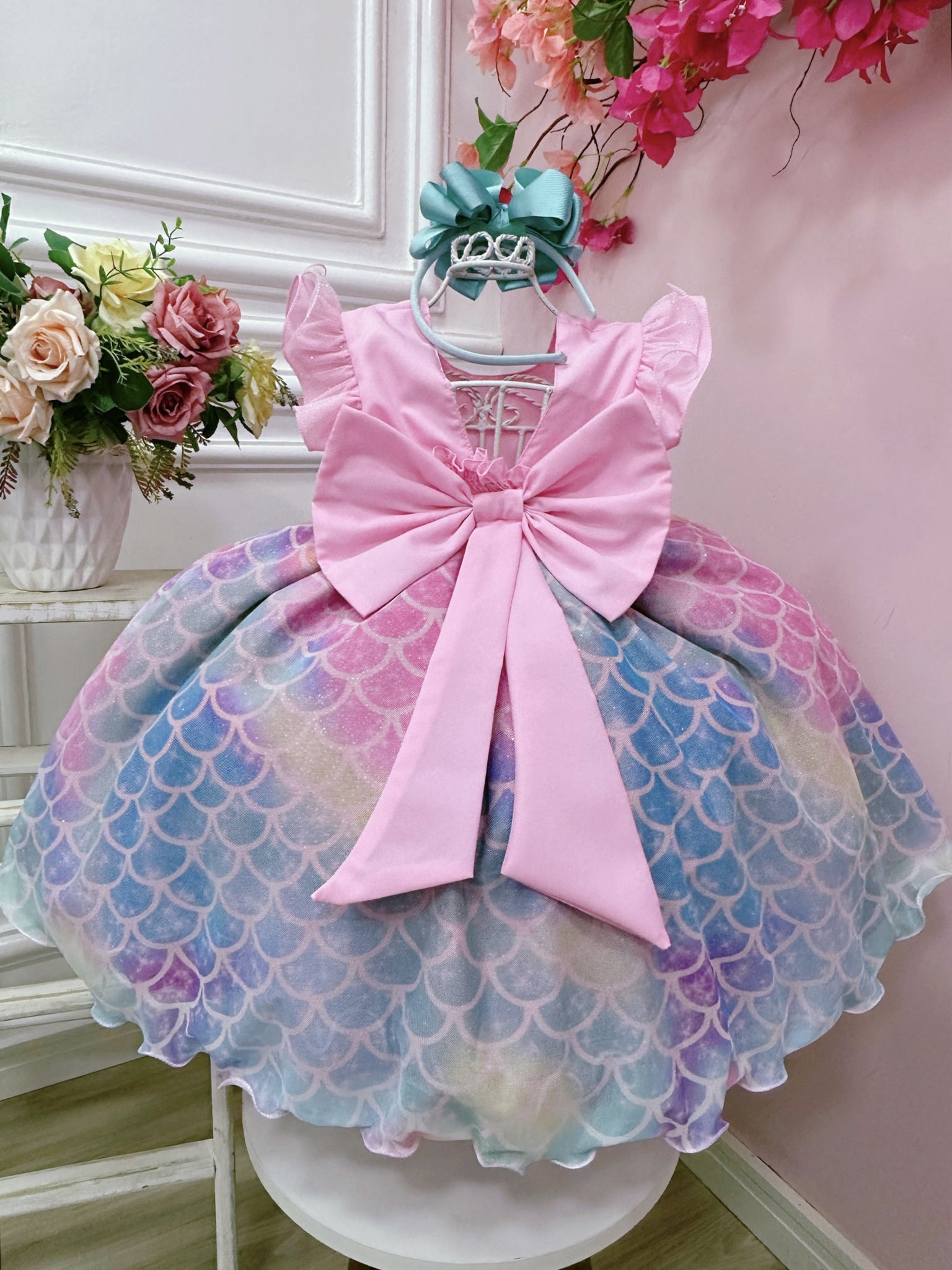 Vestido Infantil Sereia Ariel Rosa Saia Colorida Escamas
