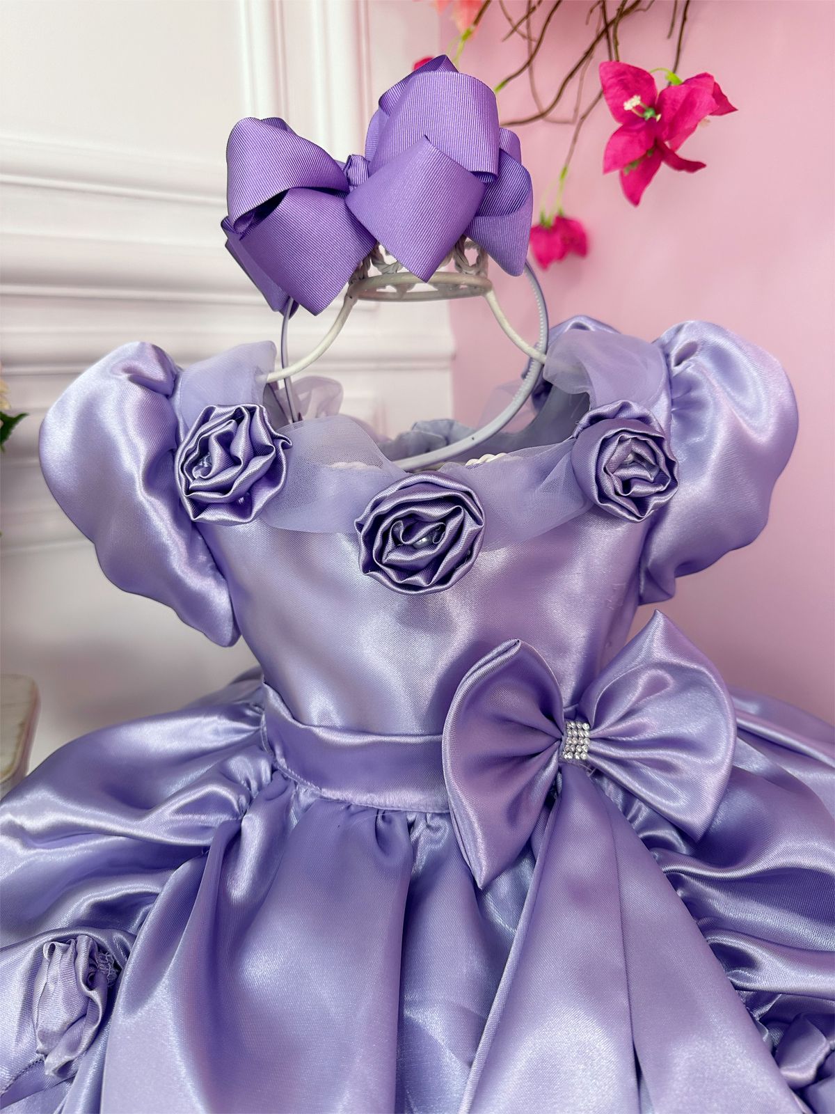 Vestido Infantil Sofia Rapunzel Lilás Aplique Flor Princesas