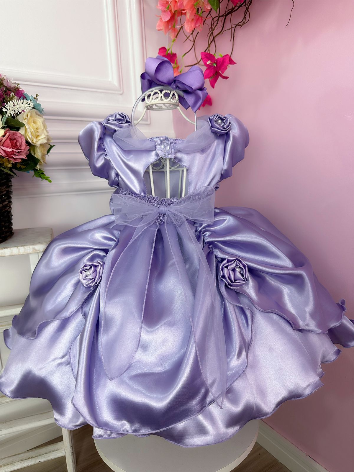 Vestido Infantil Sofia Rapunzel Lilás Aplique Flor Princesas