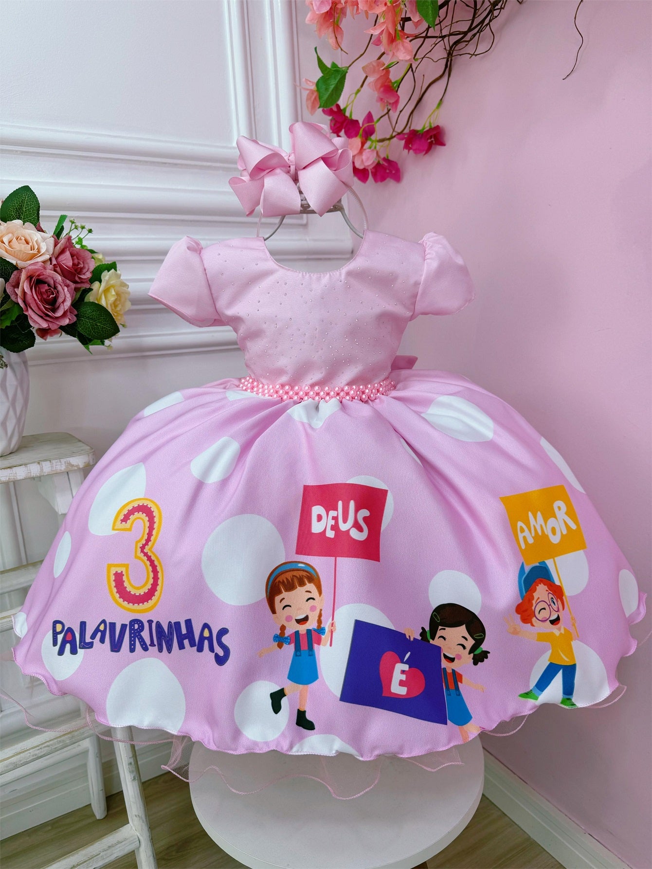 Vestido Infantil Três Palavrinhas Rosa C/ Cinto de Pérolas