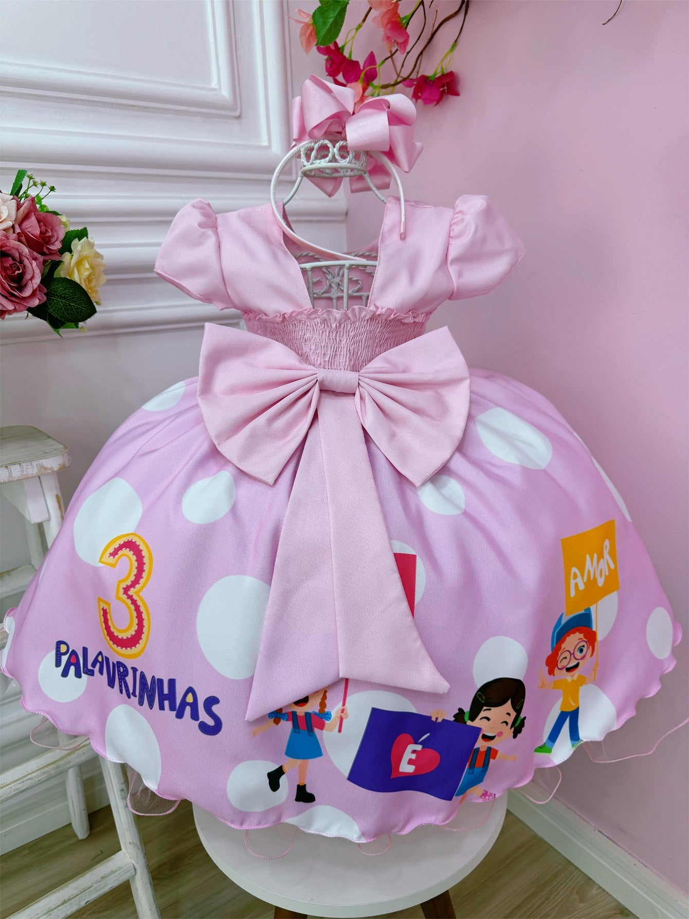 Vestido Infantil Três Palavrinhas Rosa C/ Cinto de Pérolas