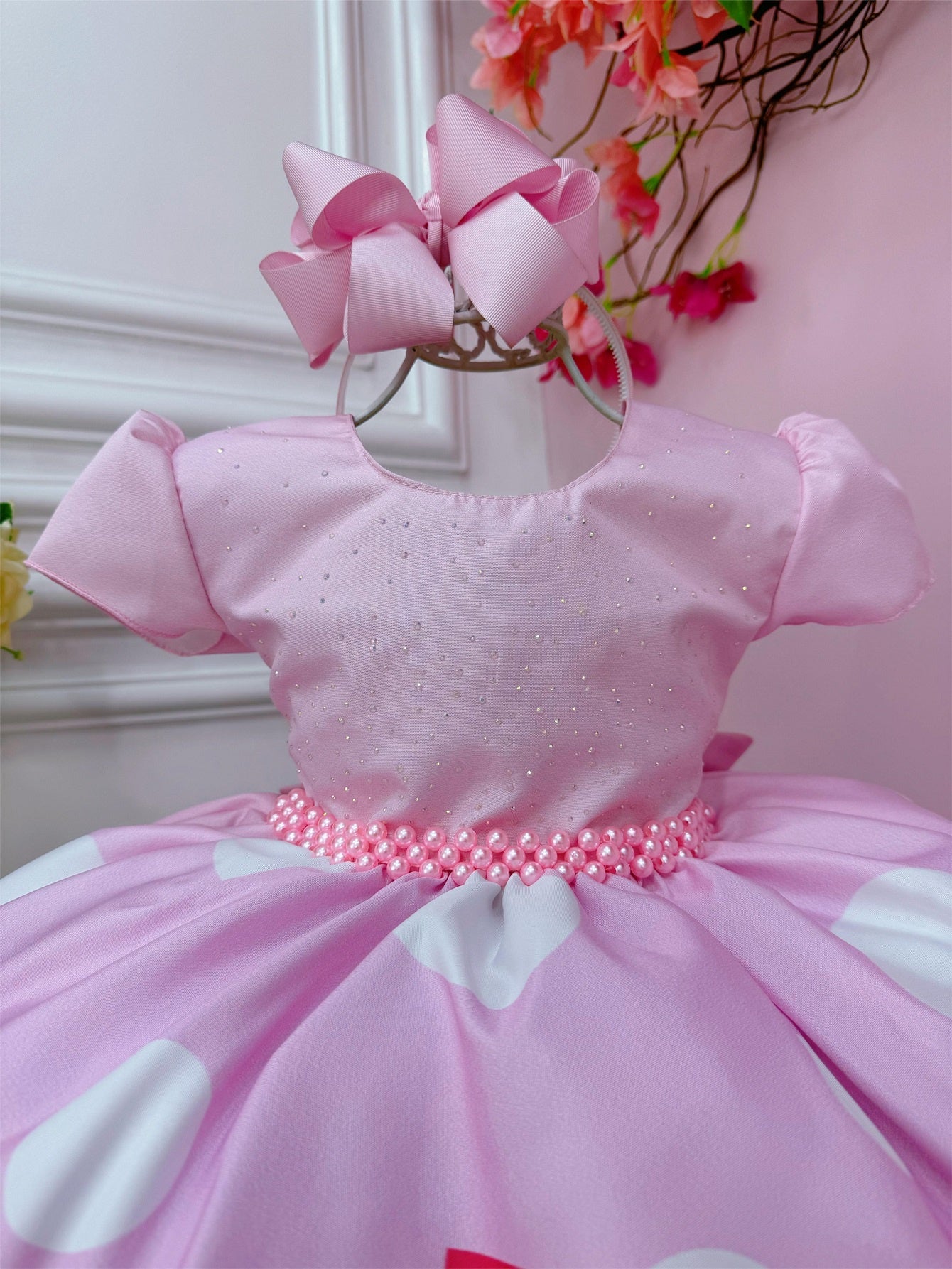 Vestido Infantil Três Palavrinhas Rosa C/ Cinto de Pérolas