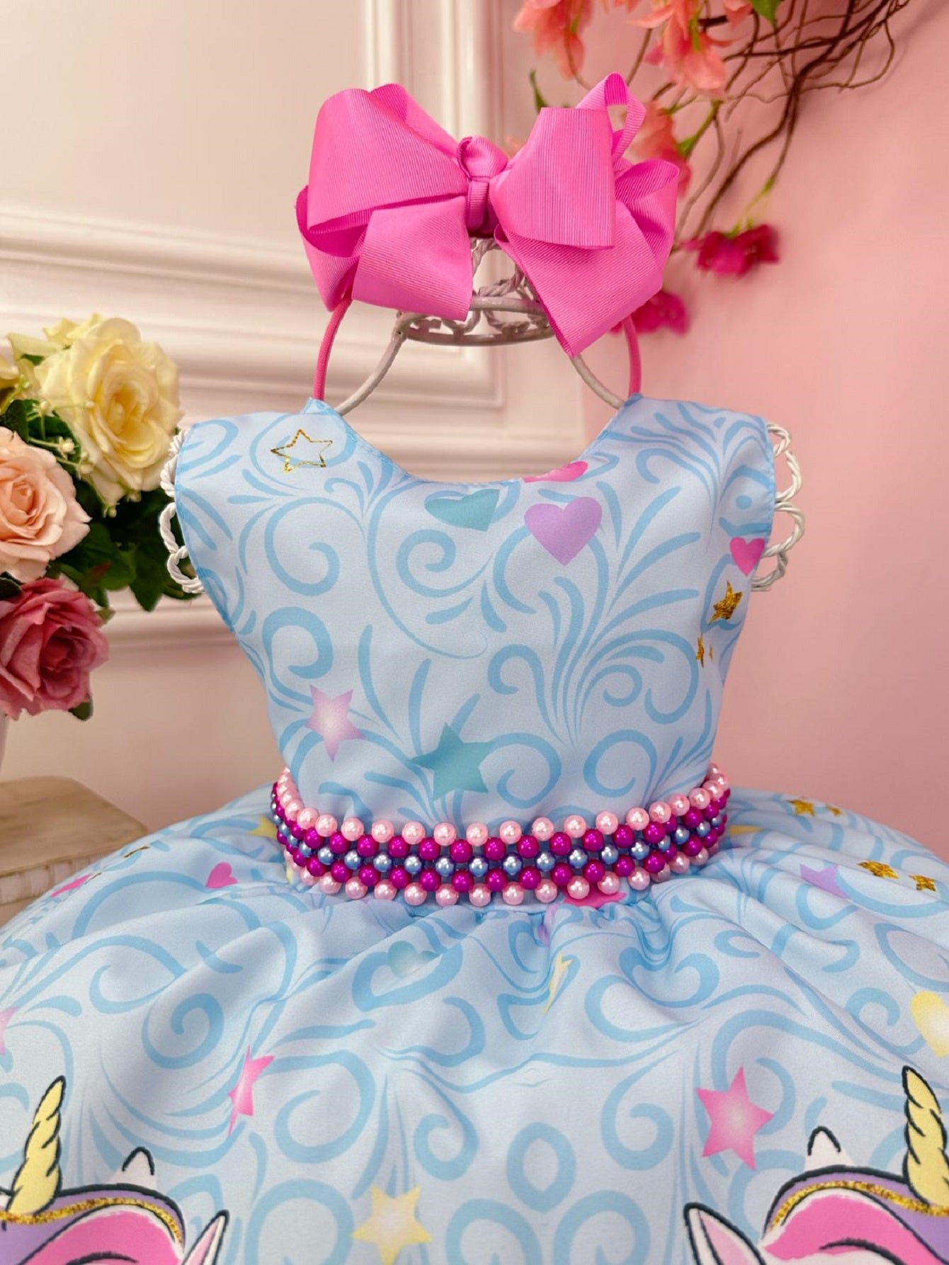 Vestido Infantil Unicórnio Arco Iris Azul C/ Cinto Festa