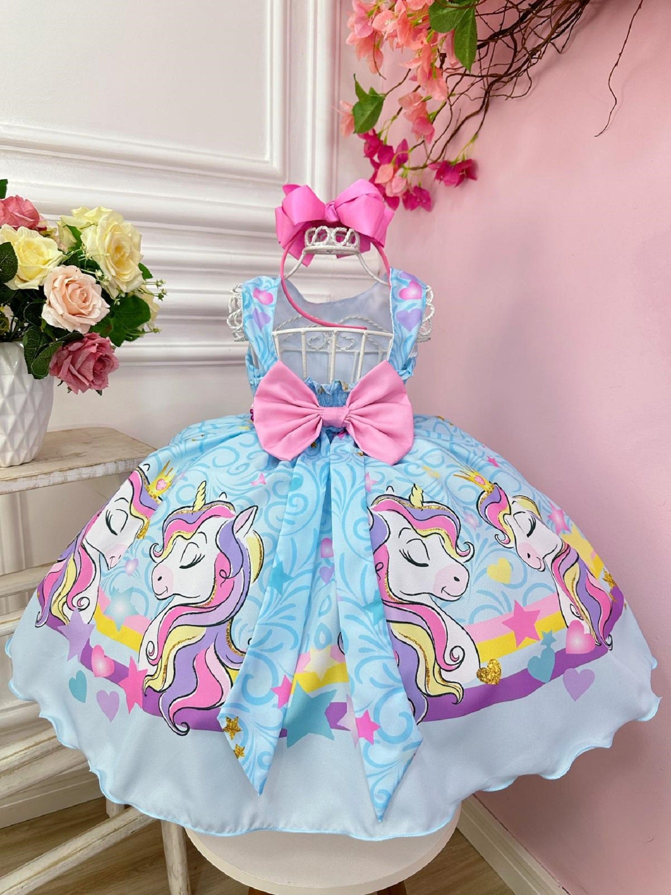 Vestido Infantil Unicórnio Arco Iris Azul C/ Cinto Festa