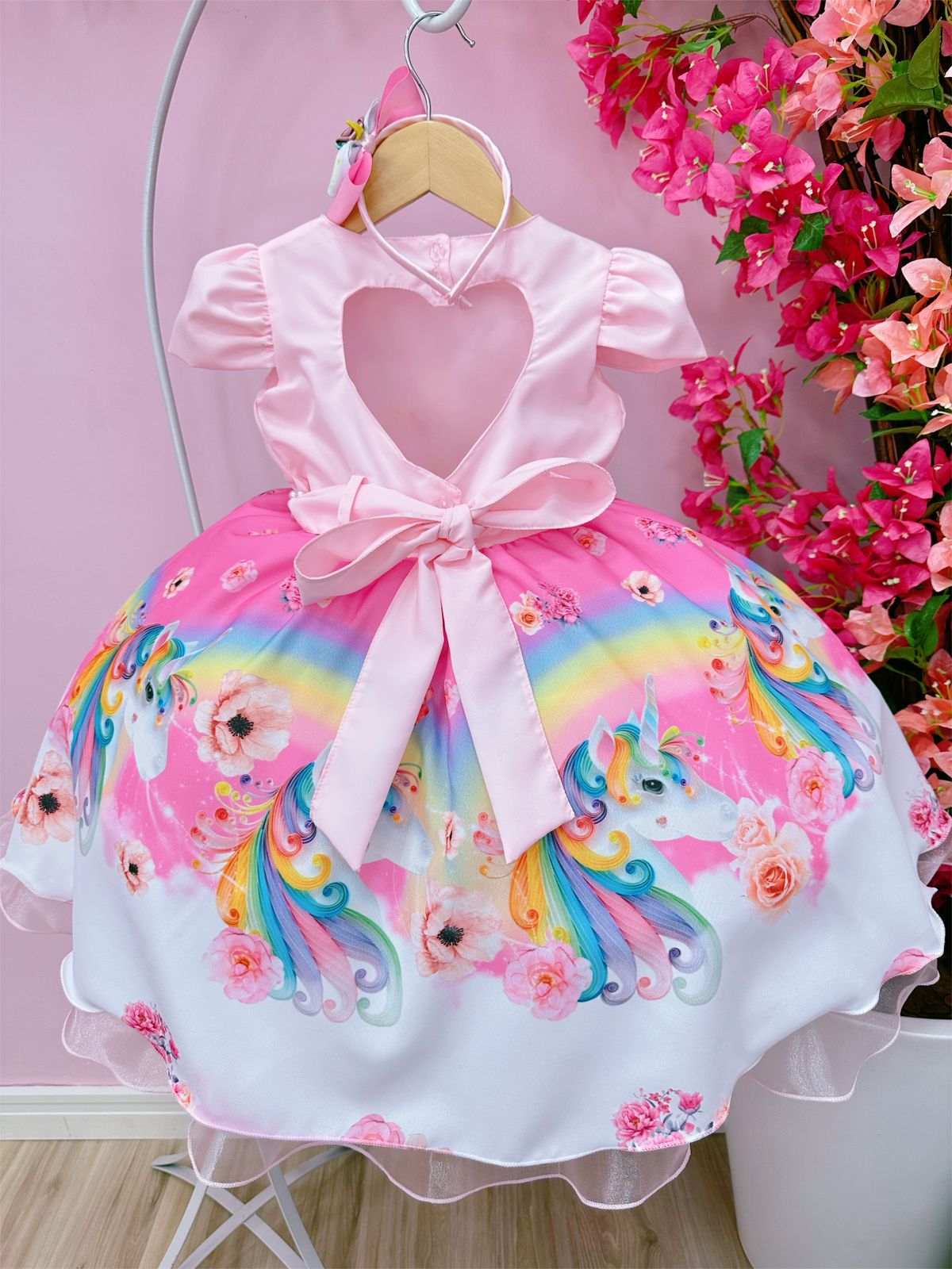 Vestido Infantil Unicórnio Rosa Acompanha a Tiara