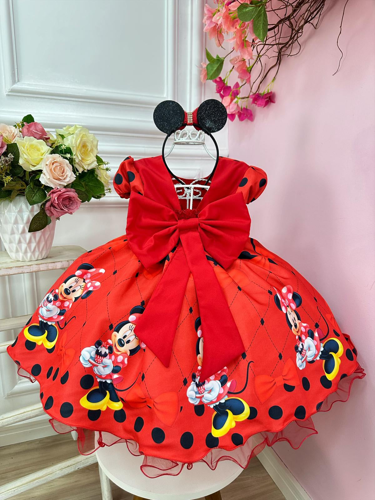 Vestido Infantil Vermelho da Minnie Festas Luxo