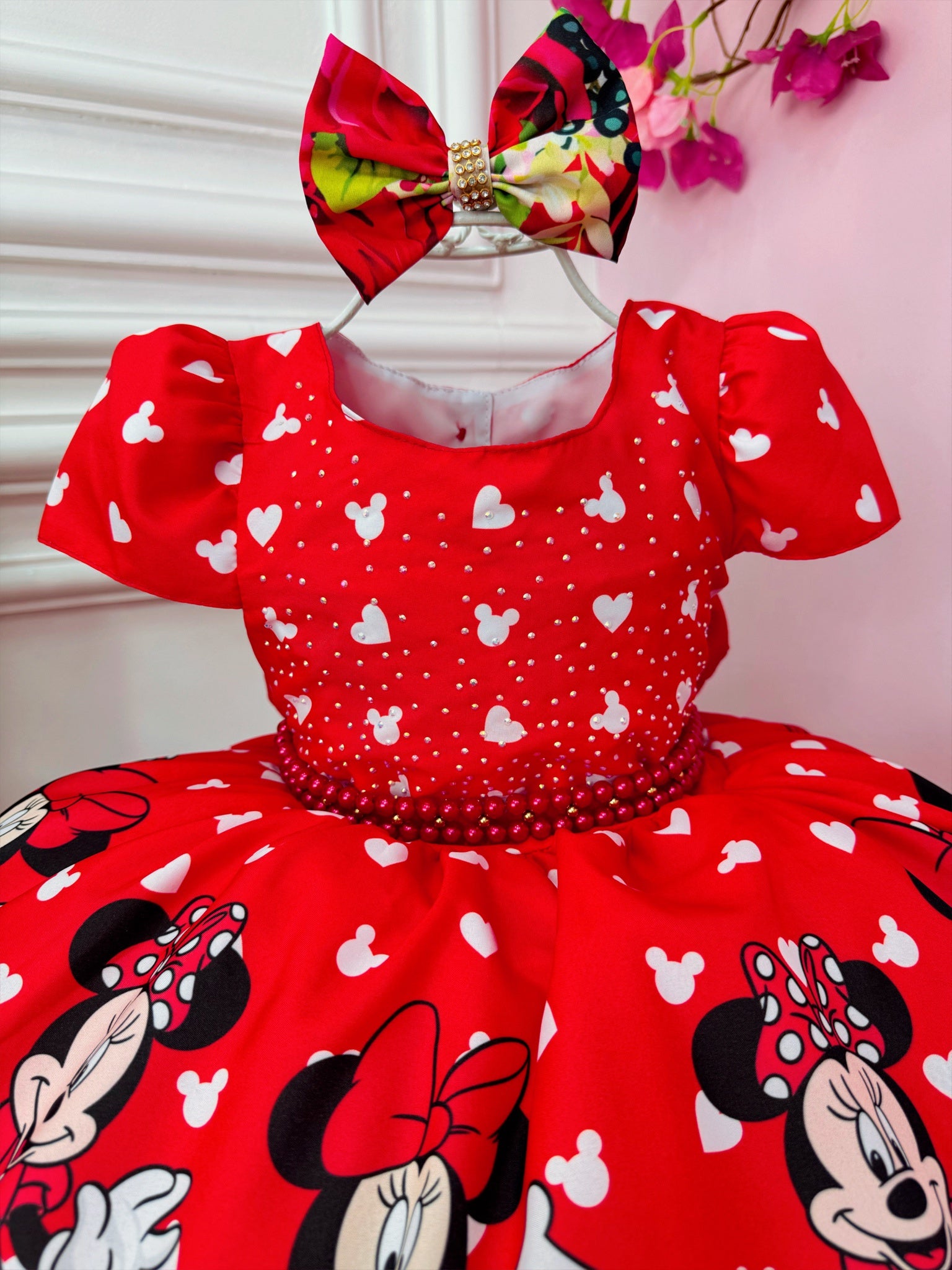 Vestido Infantil Vermelho Minnie C/ Laço e Busto Strass Luxo