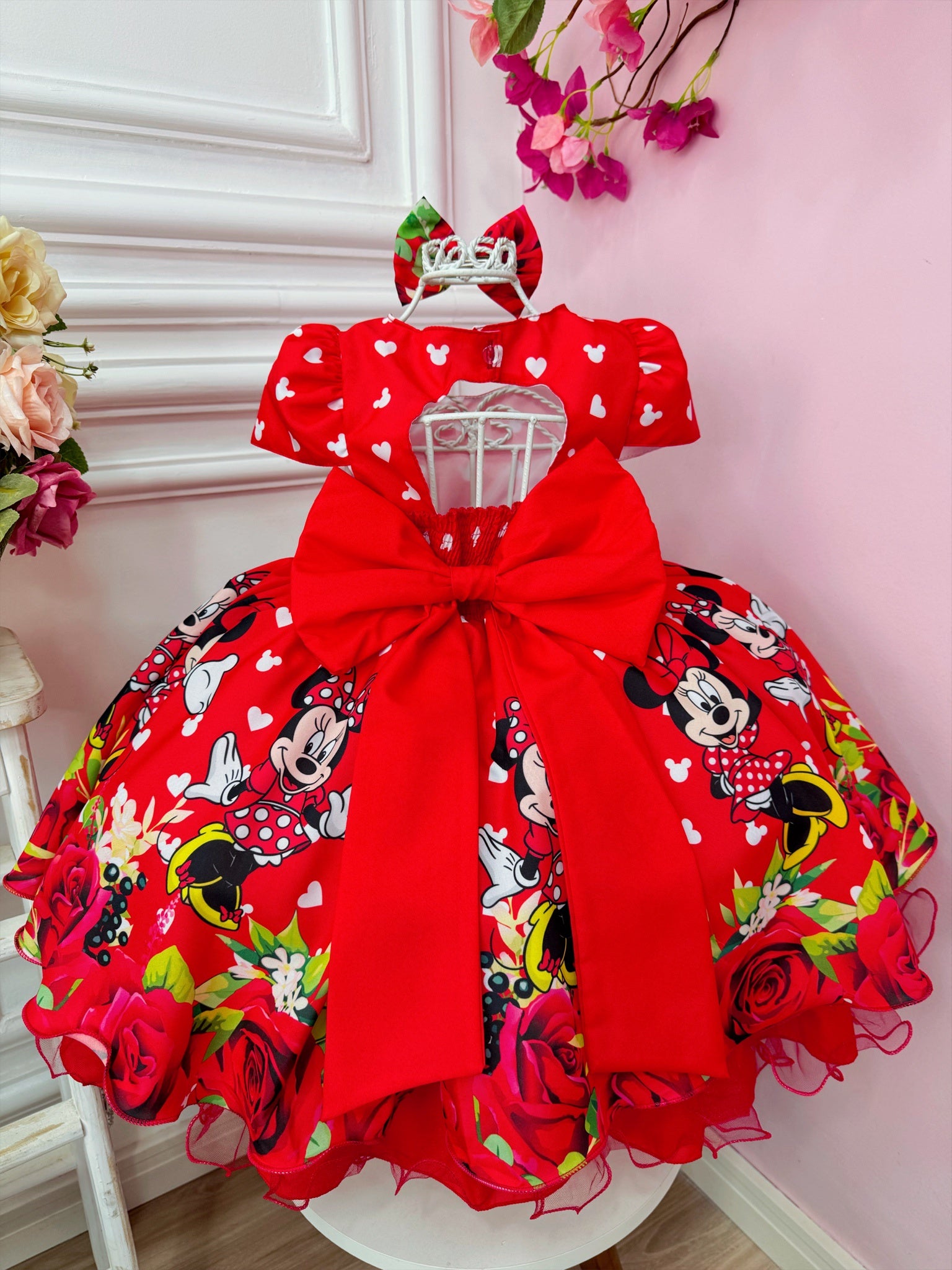 Vestido Infantil Vermelho Minnie C/ Laço e Busto Strass Luxo