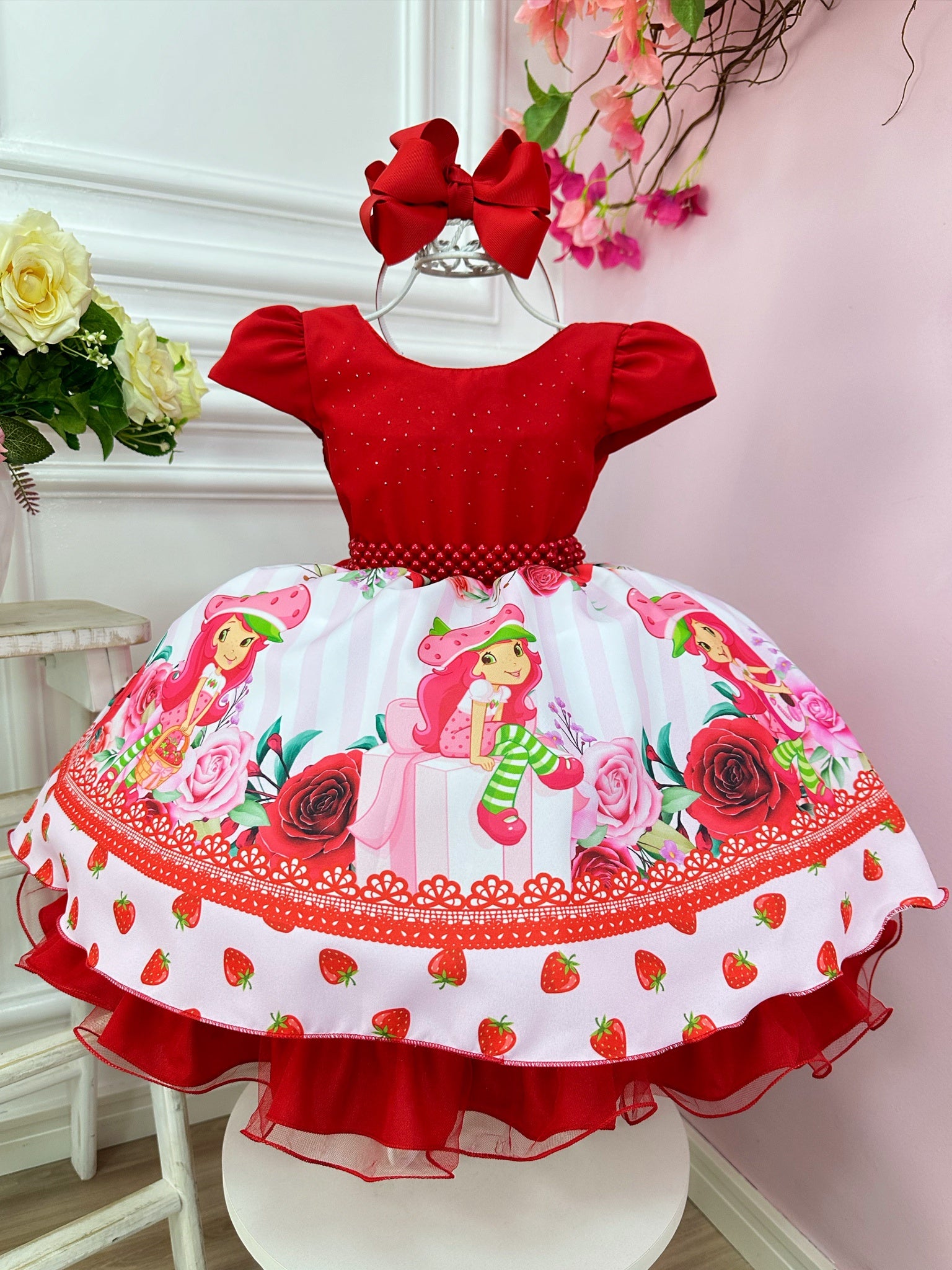 Vestido Infantil Vermelho Moranguinho Festas Luxo