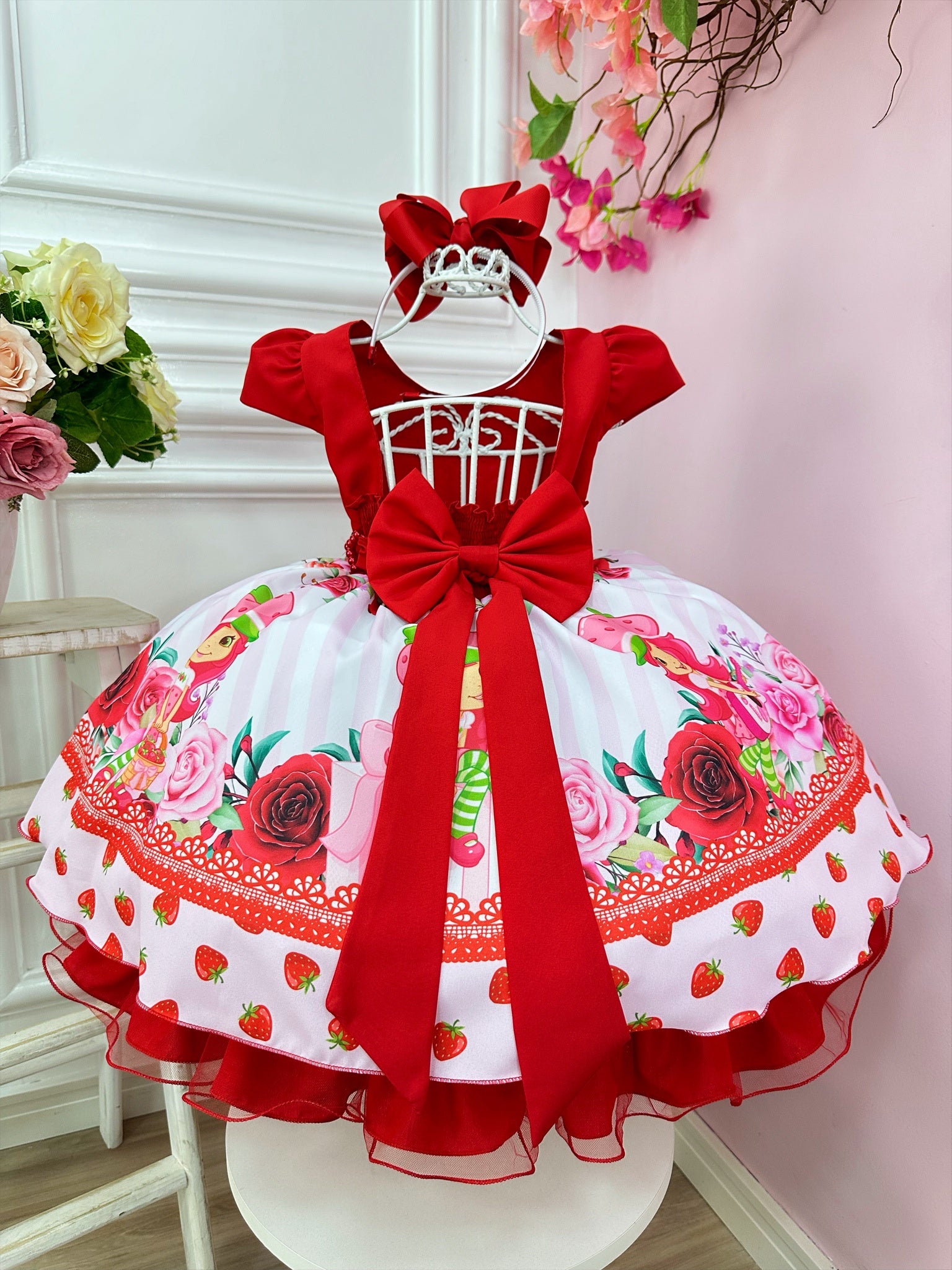 Vestido Infantil Vermelho Moranguinho Festas Luxo