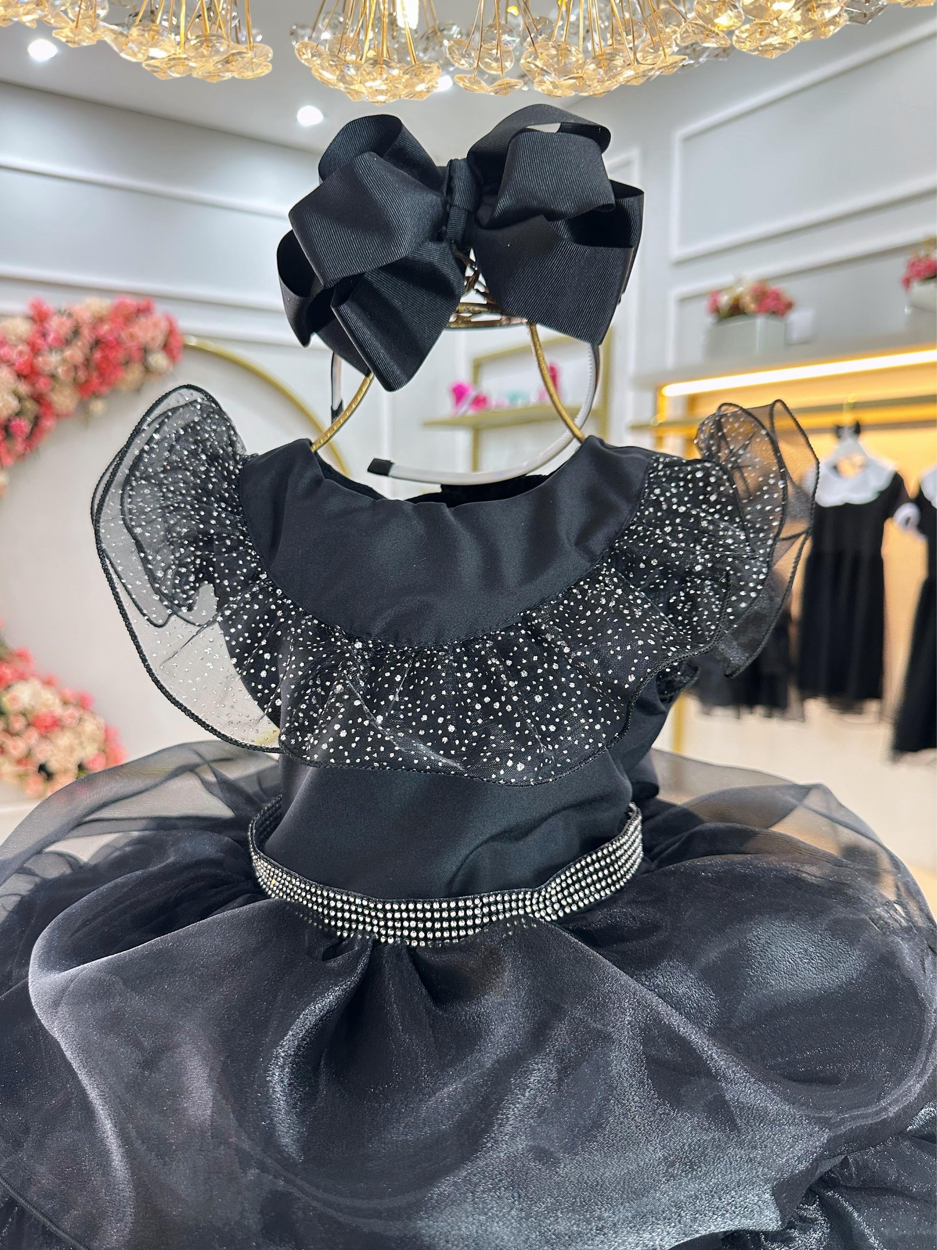 Vestido Infantil Wandinha Preto Com Cinto de Strass Luxo