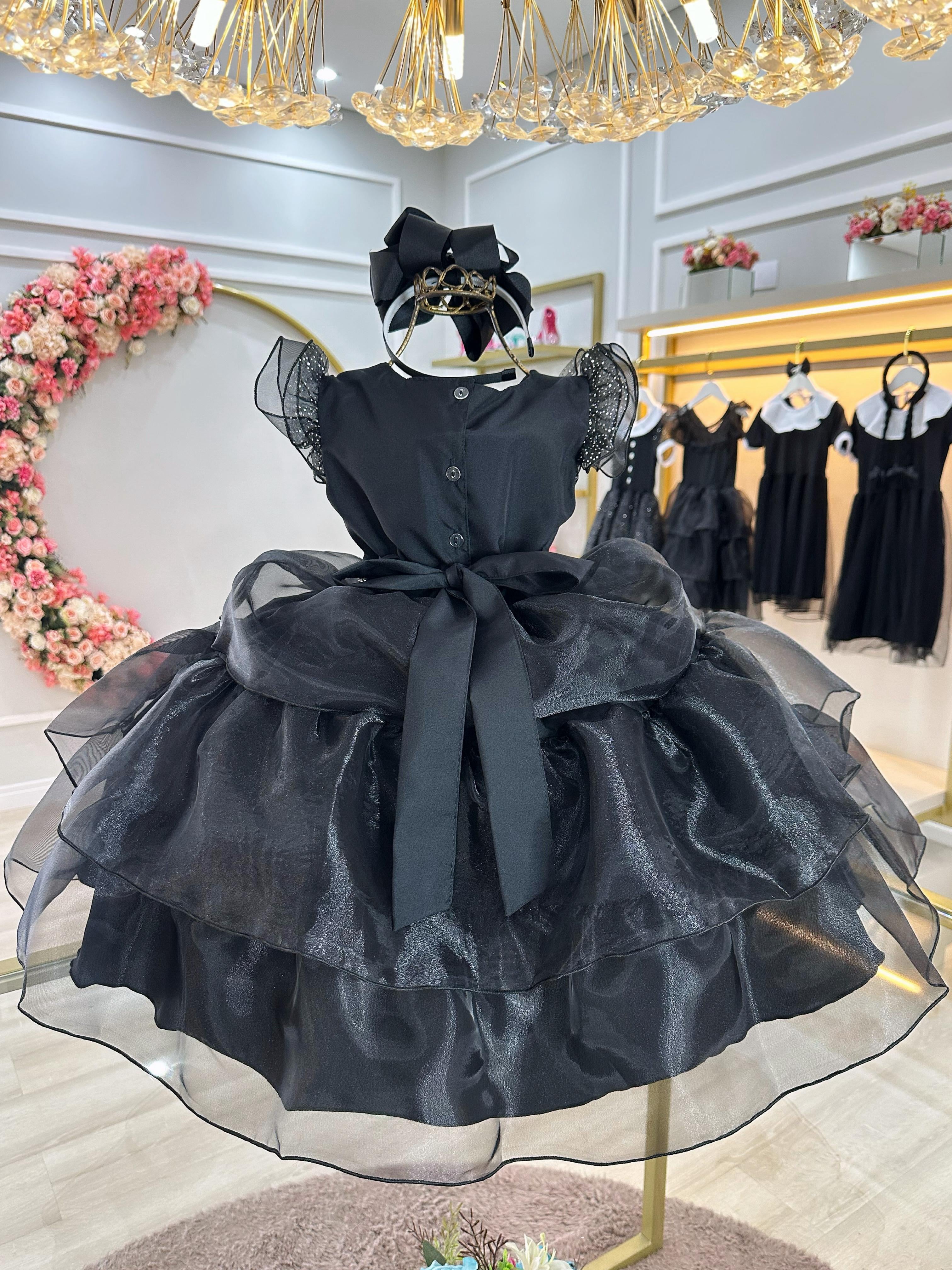 Vestido Infantil Wandinha Preto Com Cinto de Strass Luxo