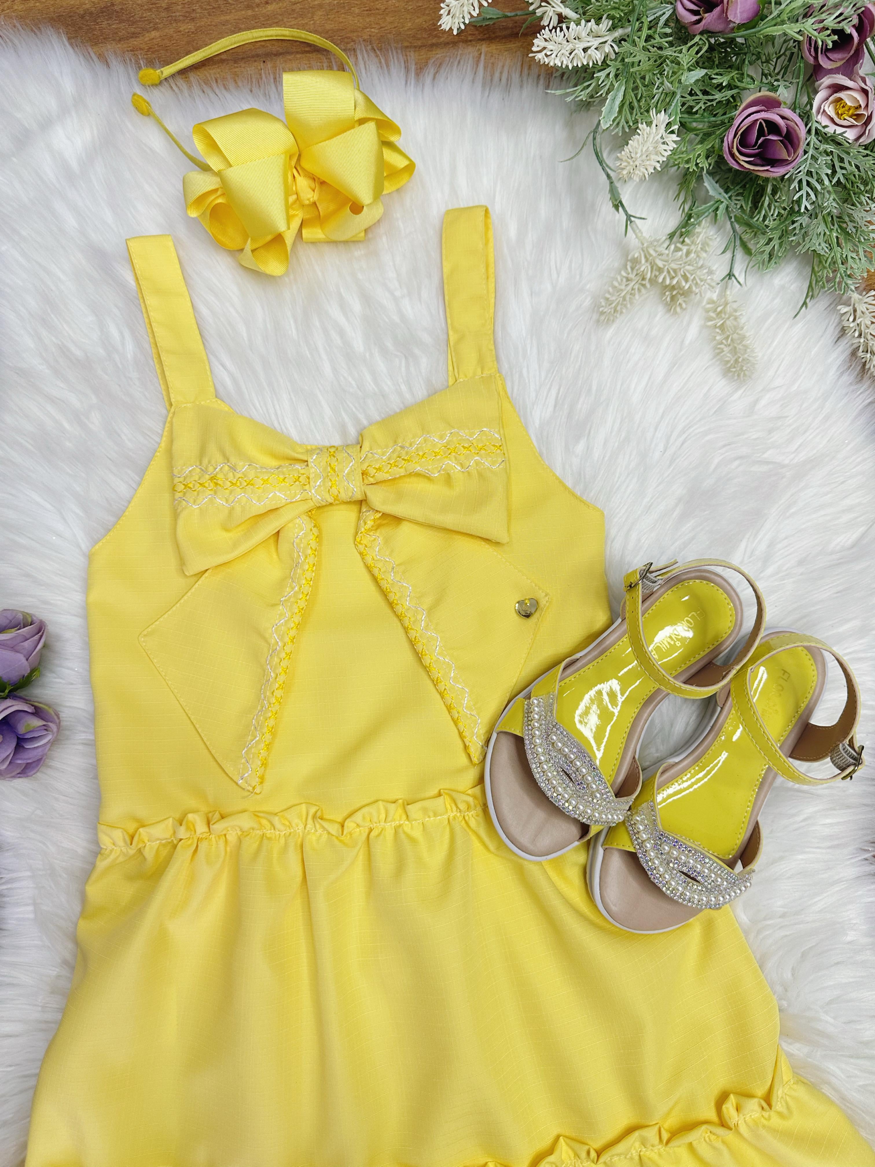 Vestido de Alça Infantil Amarelo Casual Festas Luxo