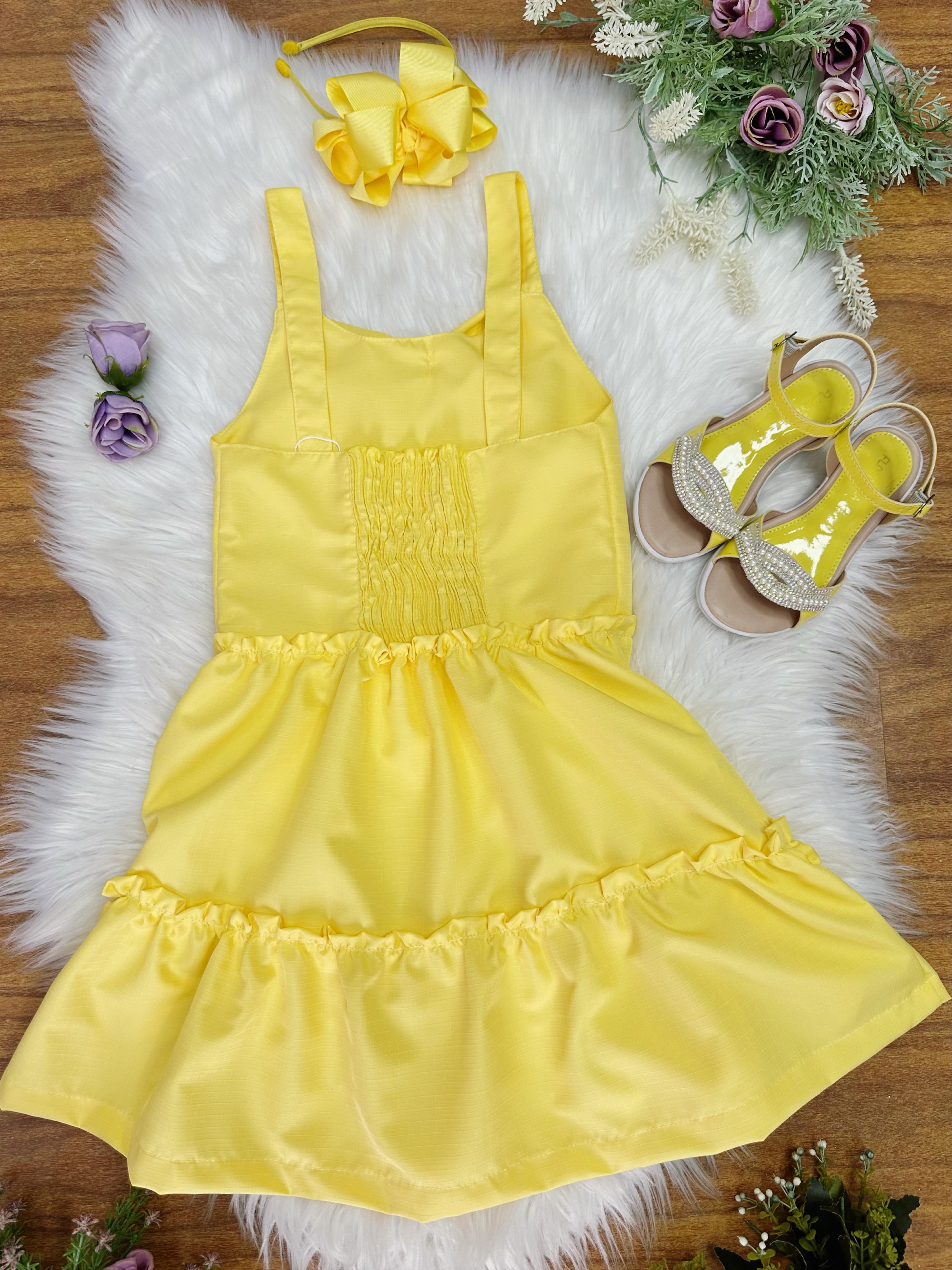 Vestido de Alça Infantil Amarelo Casual Festas Luxo