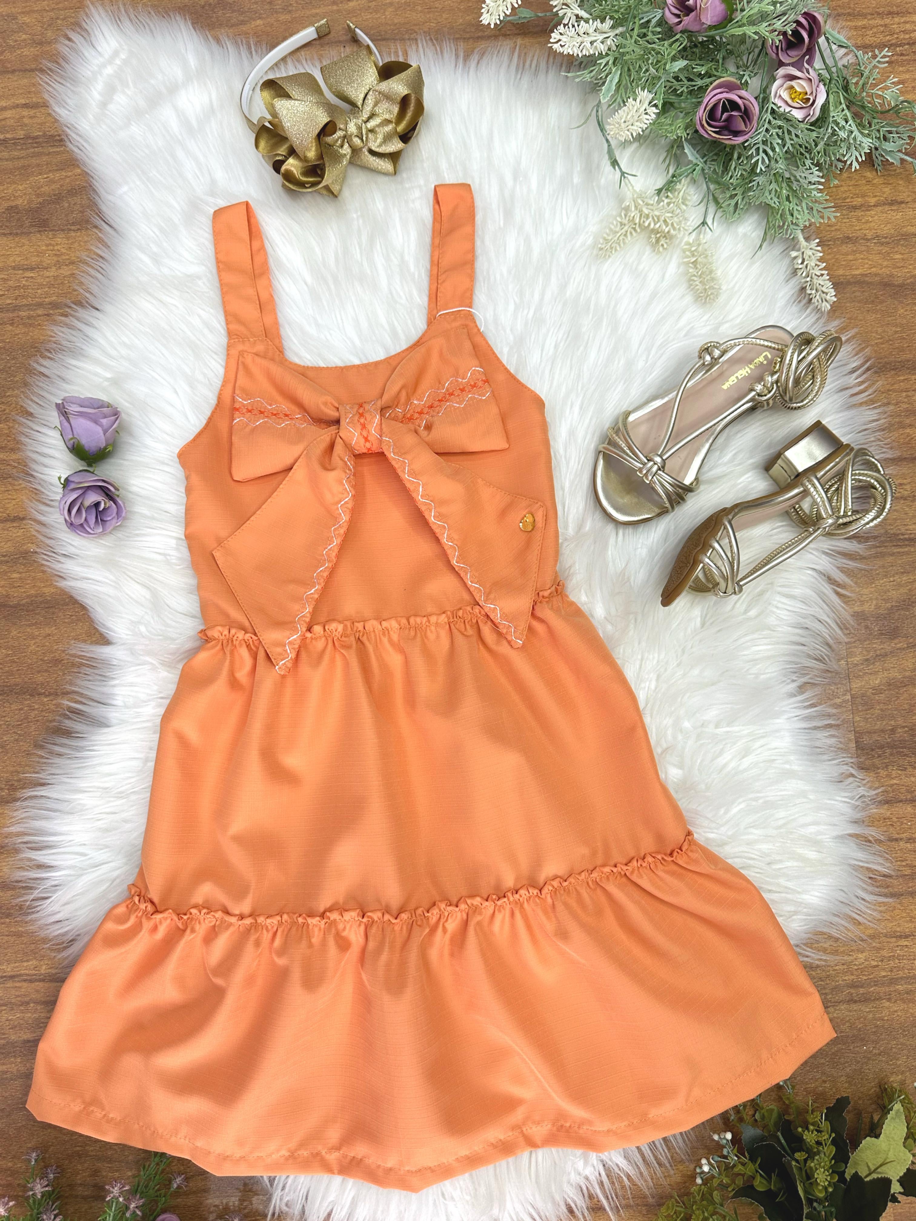 Vestido de Alça Infantil Laranja Casual Festas Luxo
