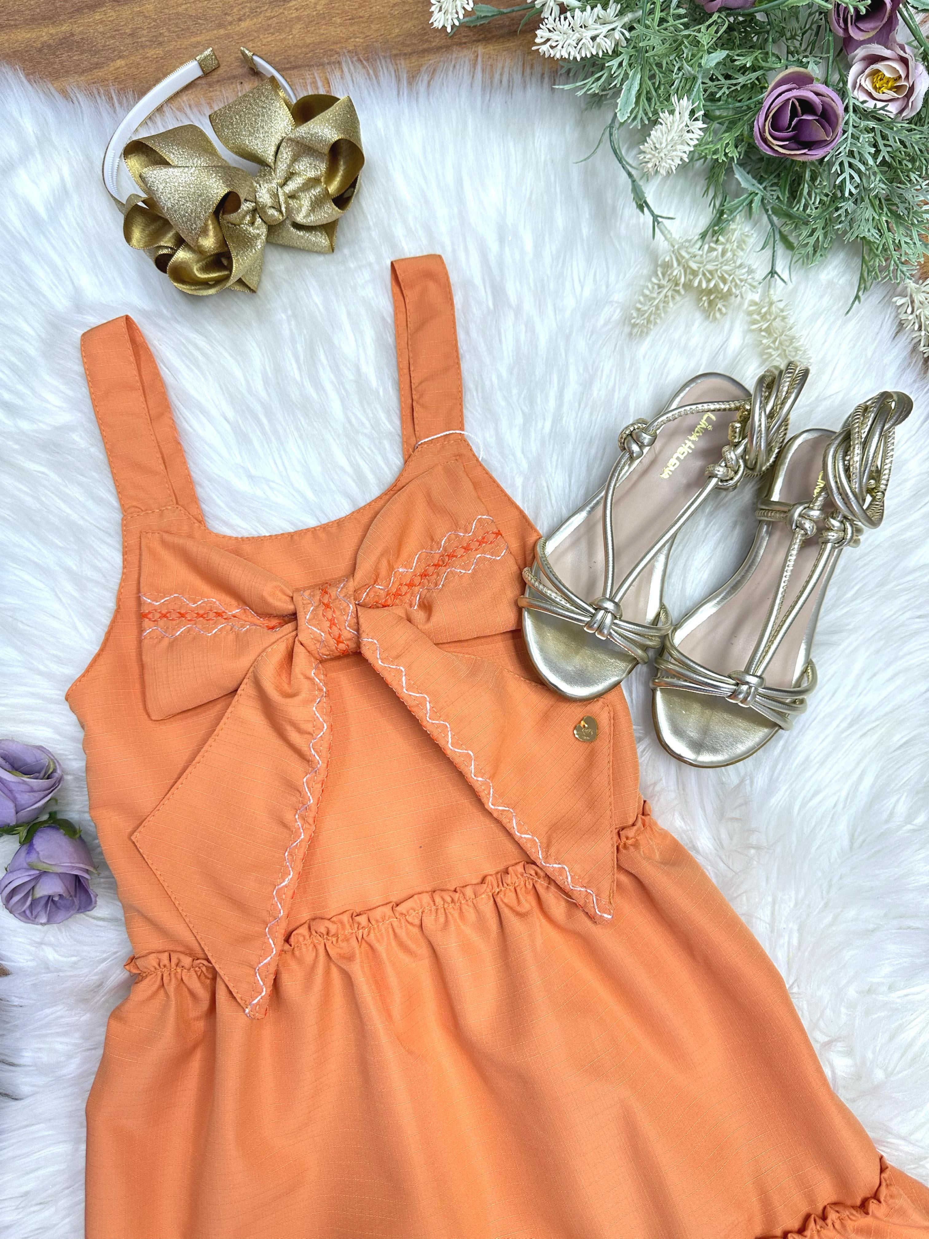 Vestido de Alça Infantil Laranja Casual Festas Luxo