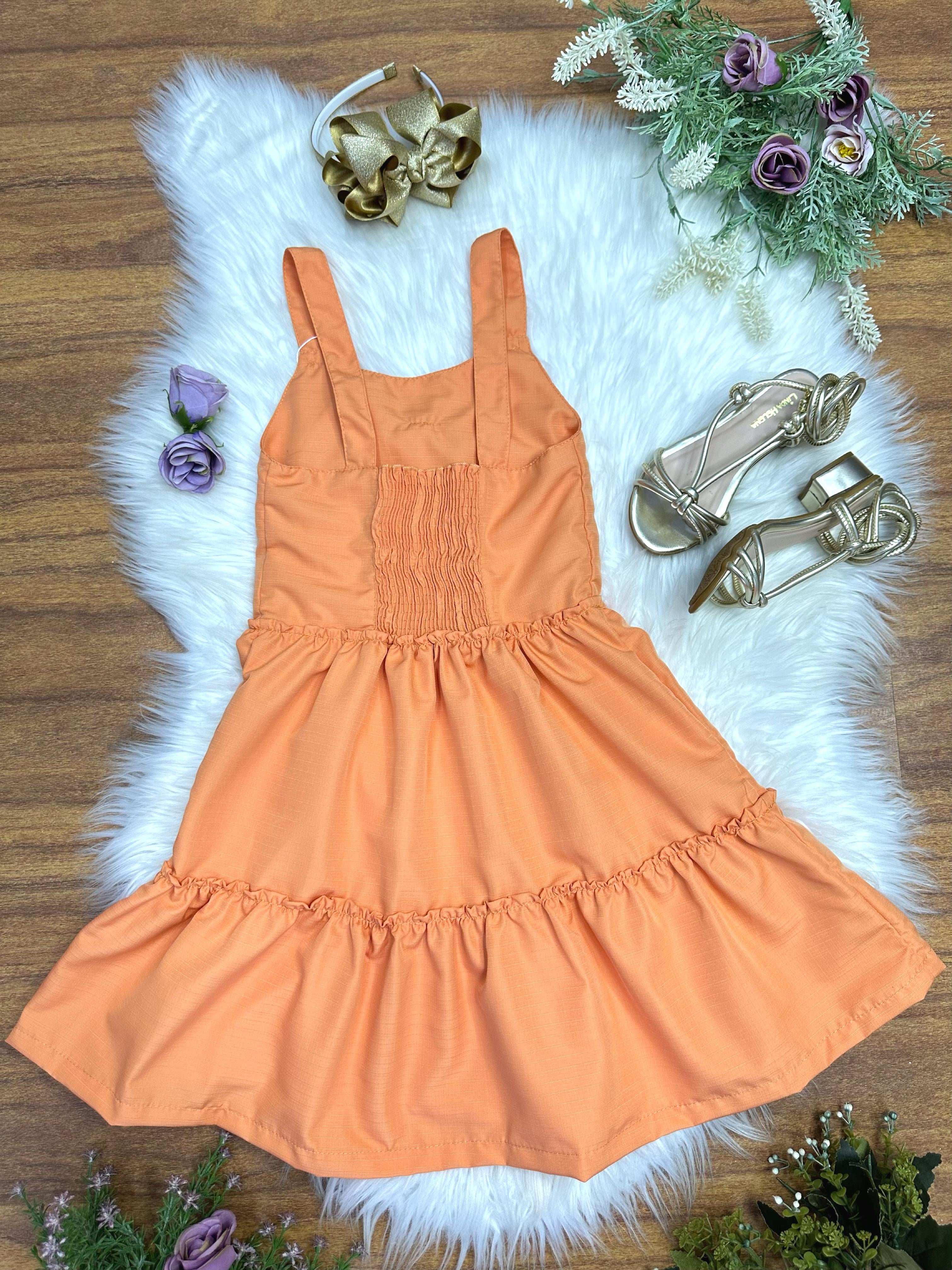 Vestido de Alça Infantil Laranja Casual Festas Luxo