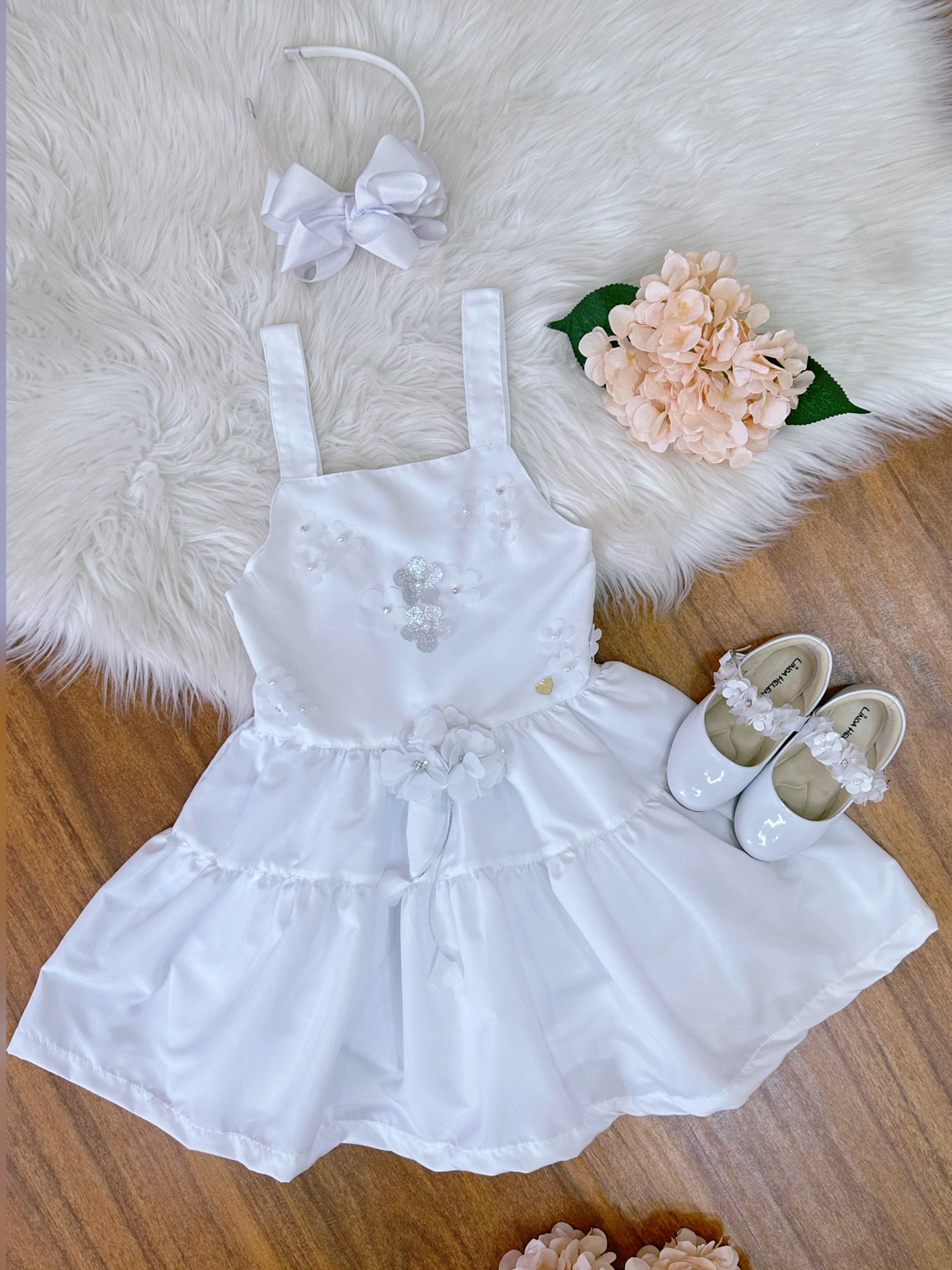 Vestido infantil de Alça Branco C/ Apliques de Flores Luxo