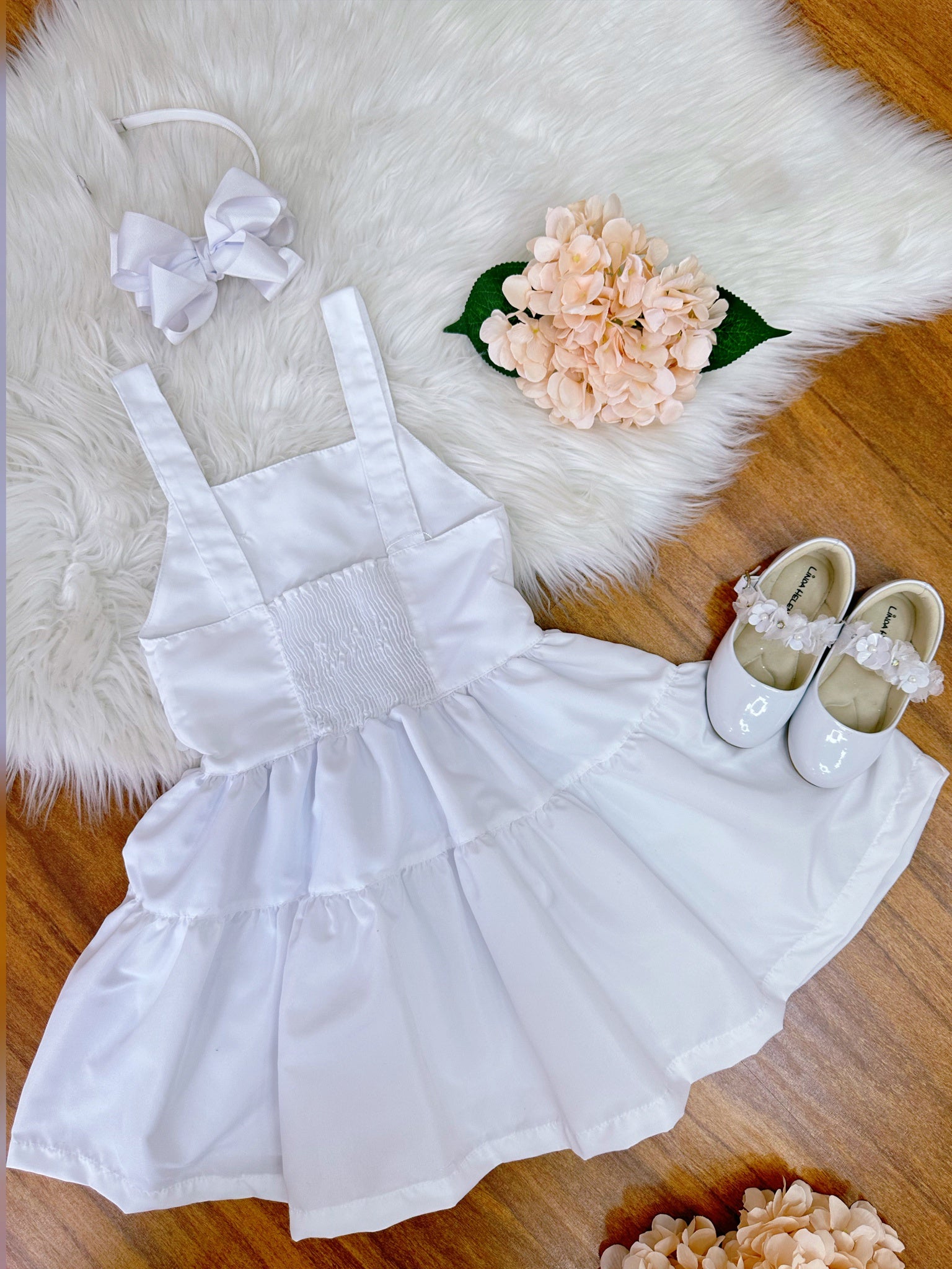 Vestido infantil de Alça Branco C/ Apliques de Flores Luxo