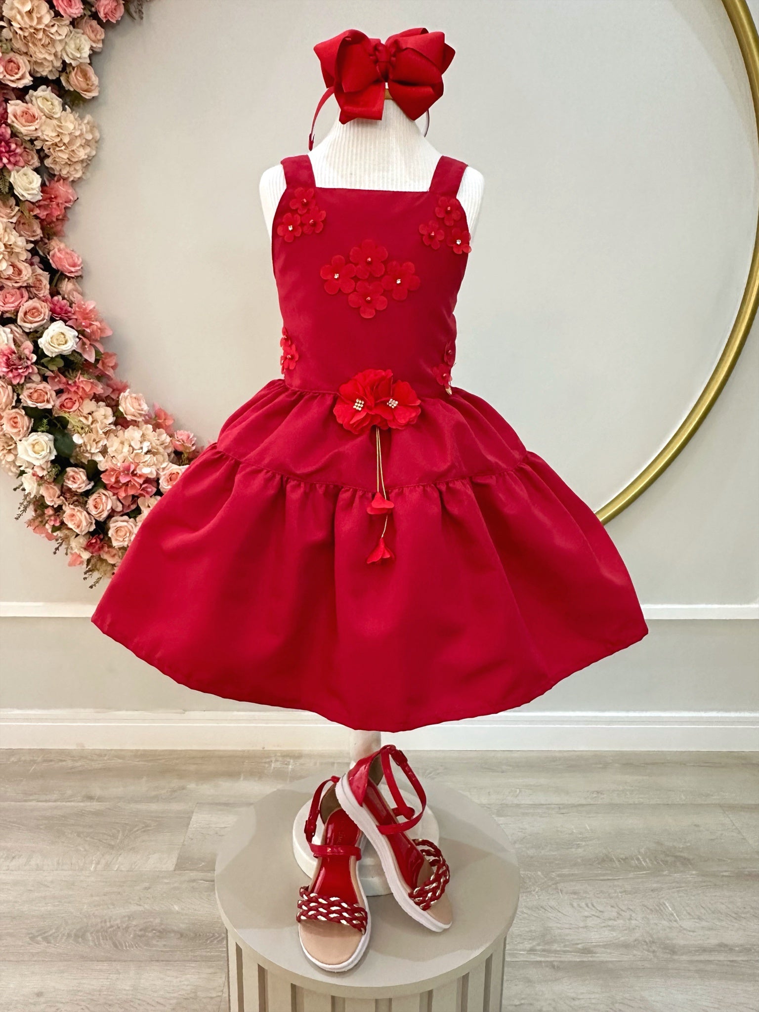 Vestido infantil de Alça Marsala C/ Apliques de Flores Luxo