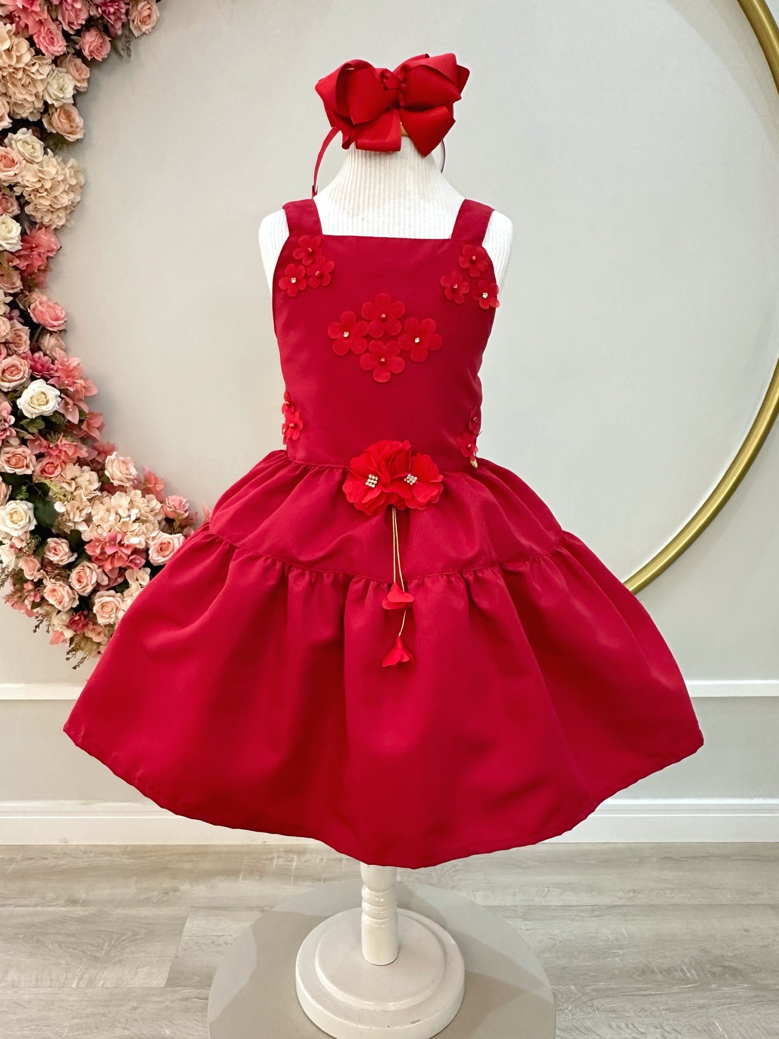 Vestido infantil de Alça Marsala C/ Apliques de Flores Luxo