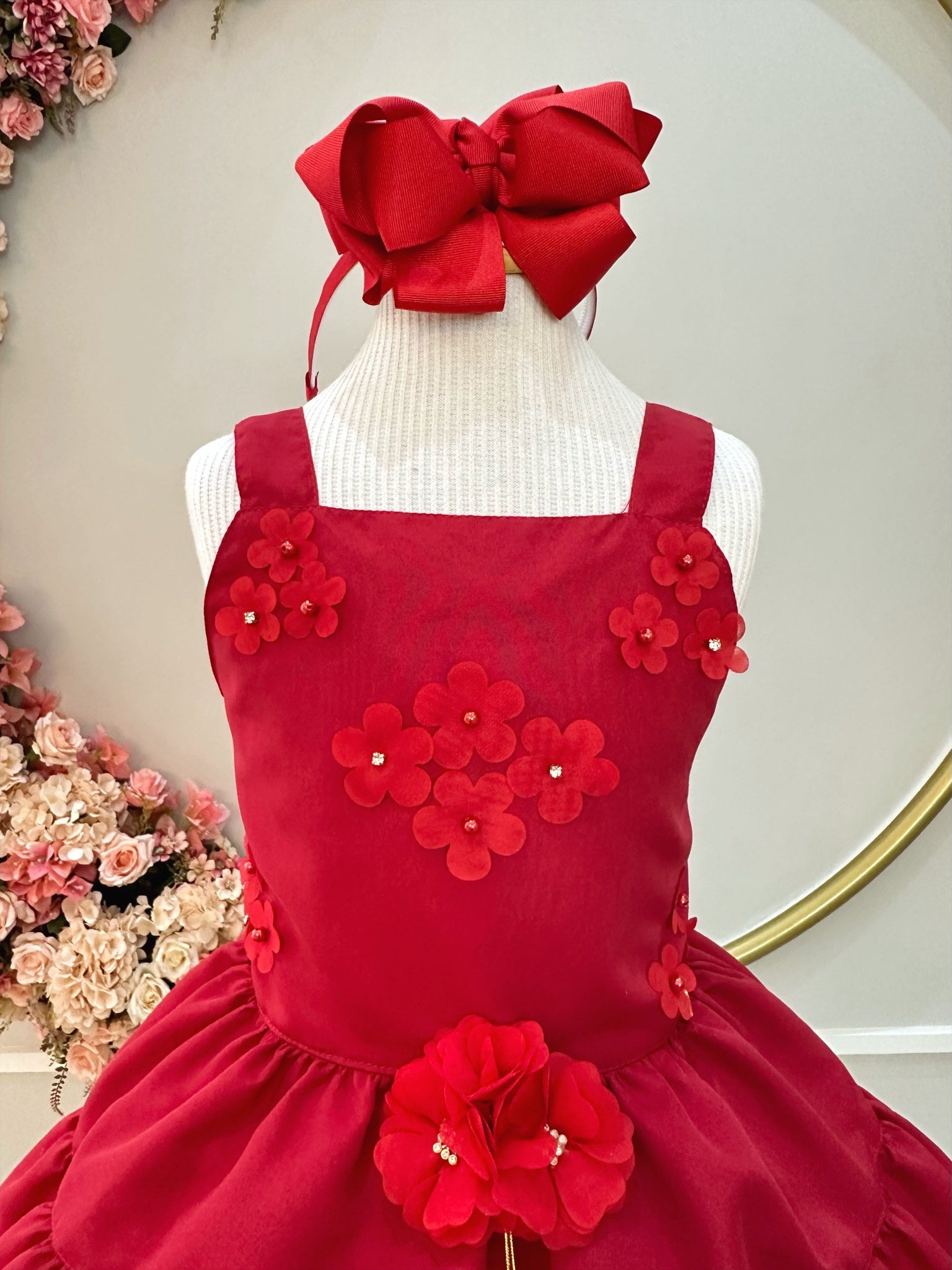 Vestido infantil de Alça Marsala C/ Apliques de Flores Luxo