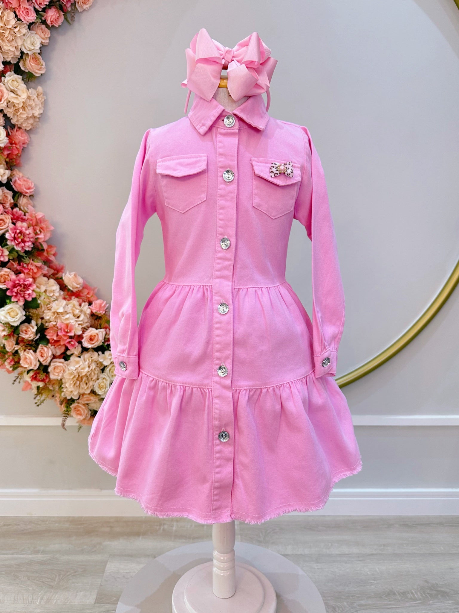 Vestido infantil Jeans Rosa Claro Com Bolsos Casual Luxo