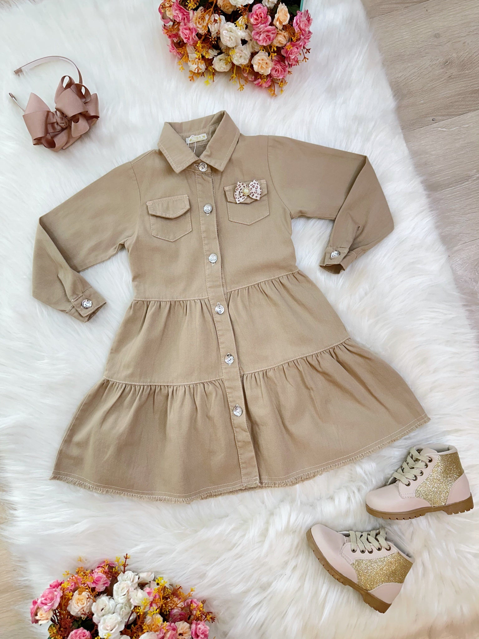 Vestido infantil Jeans Bege Com Bolsos Casual Luxo