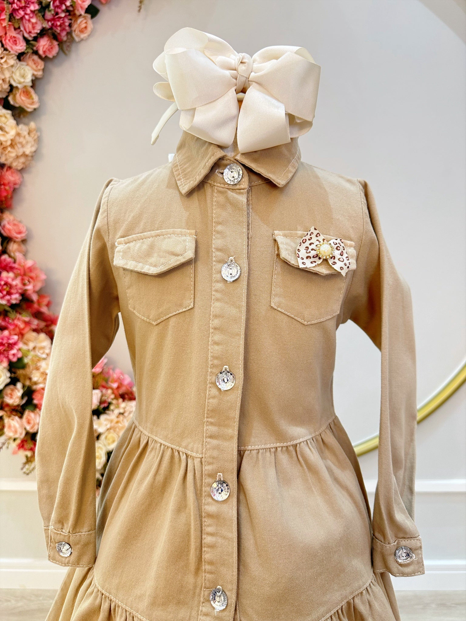 Vestido infantil Jeans Bege Com Bolsos Casual Luxo