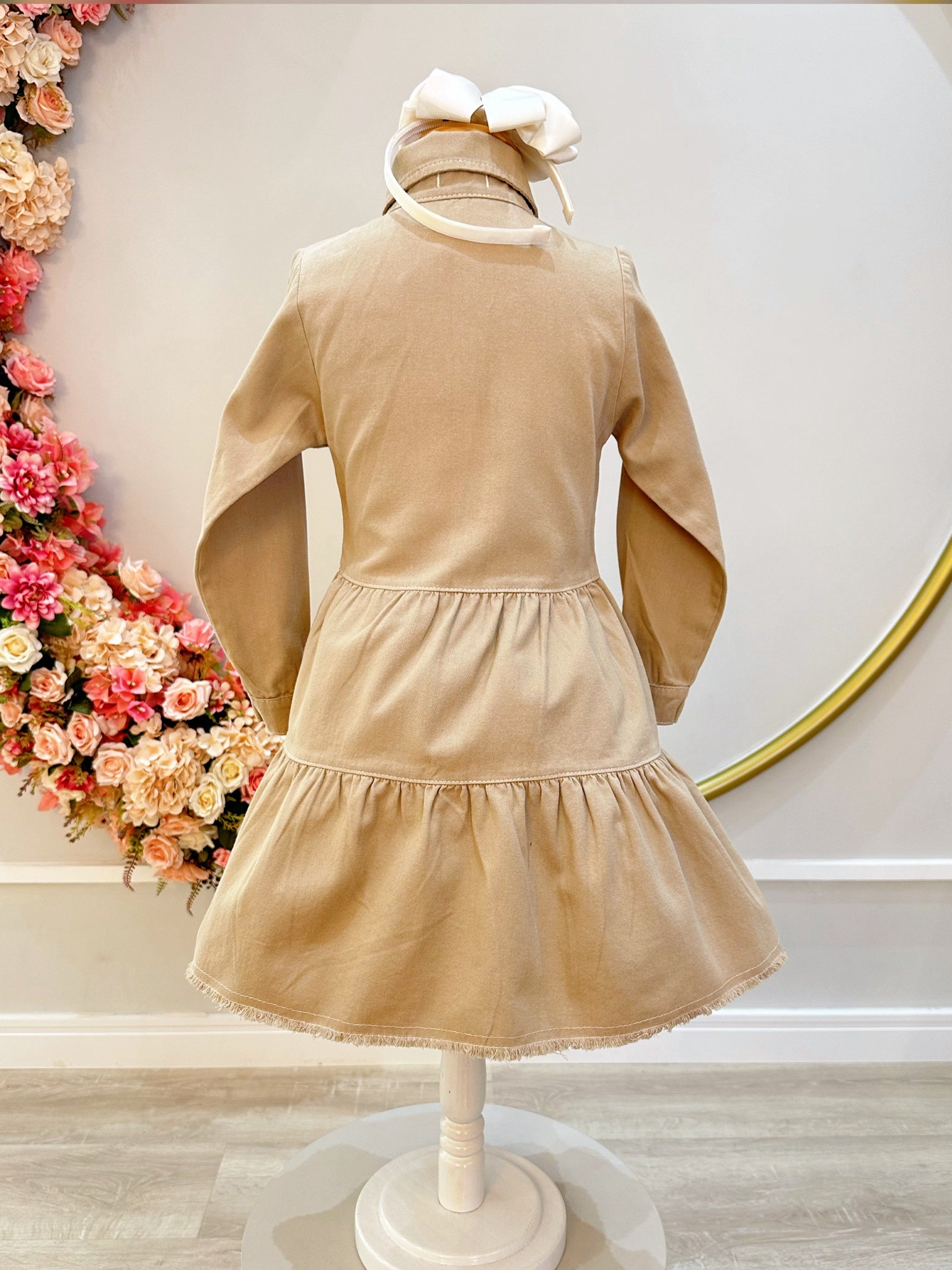 Vestido infantil Jeans Bege Com Bolsos Casual Luxo