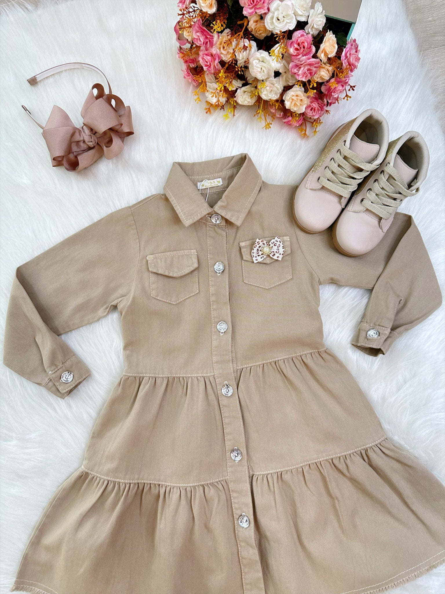 Vestido infantil Jeans Bege Com Bolsos Casual Luxo