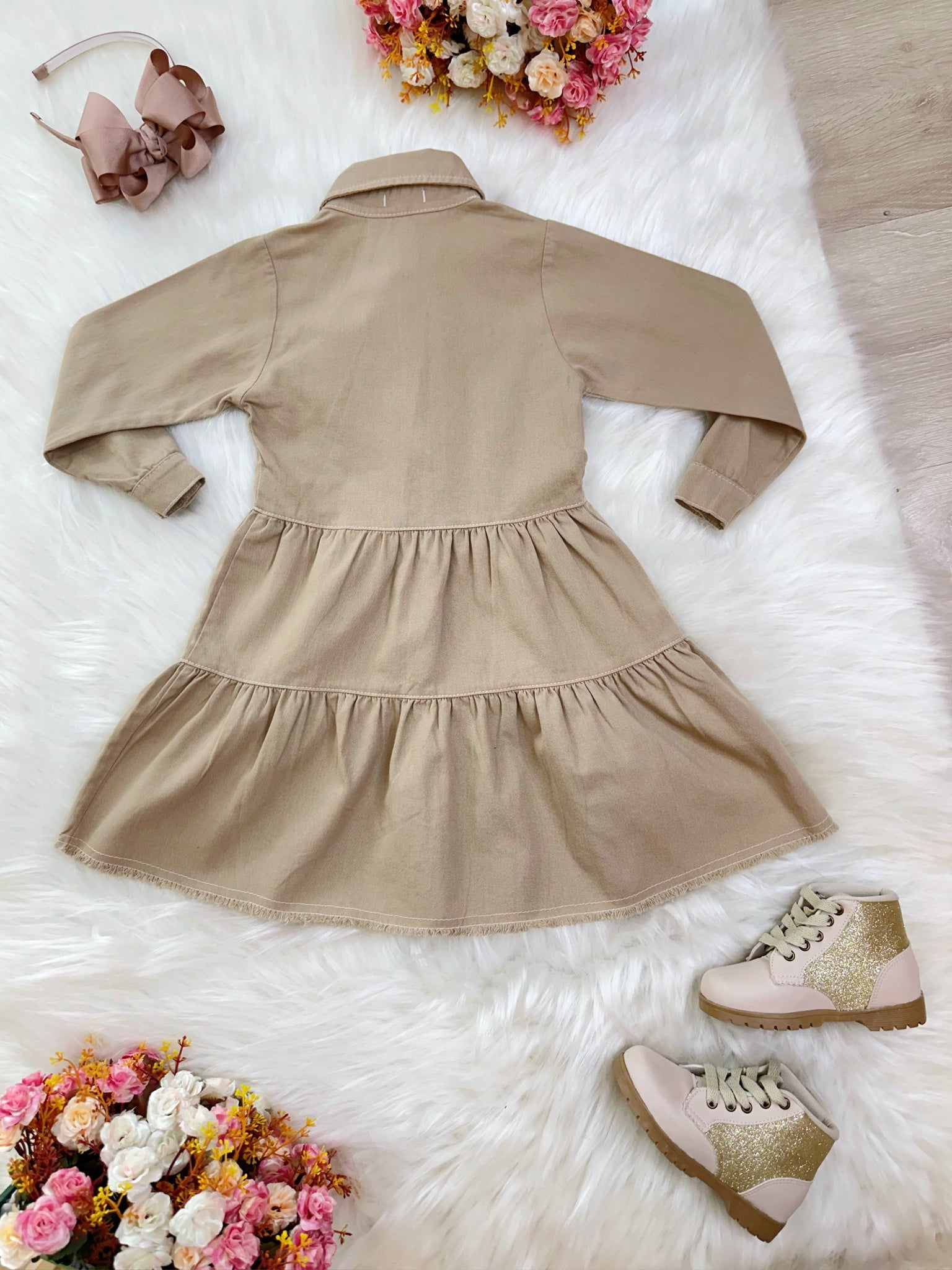 Vestido infantil Jeans Bege Com Bolsos Casual Luxo