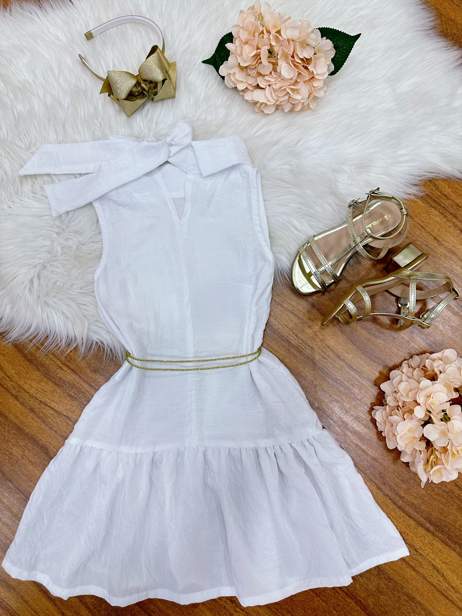 Vestido Infantil Crepinho Branco C/ Cinto de Cordão Festas