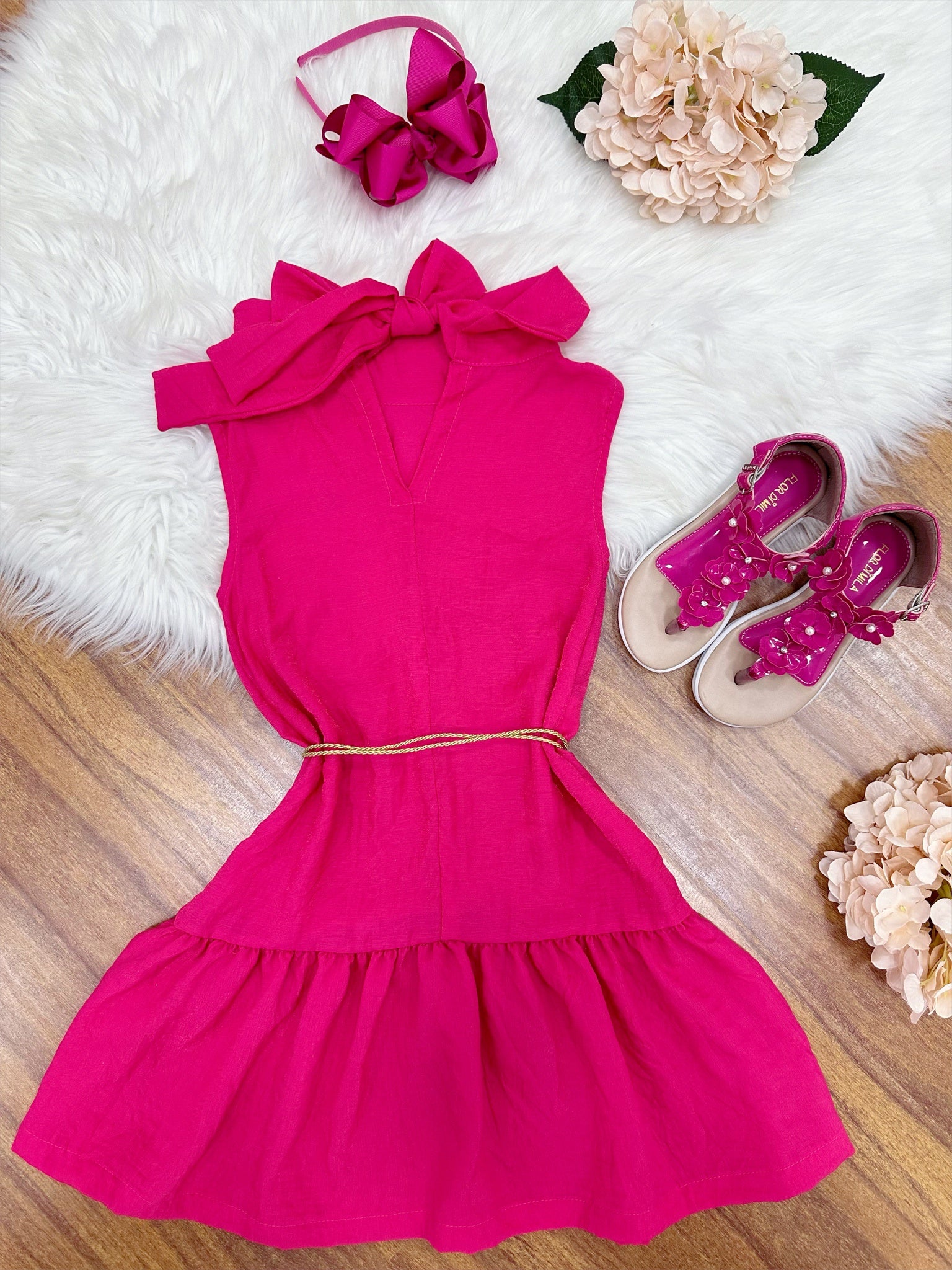Vestido Infantil Crepinho Pink Com Cinto de Cordão Festas