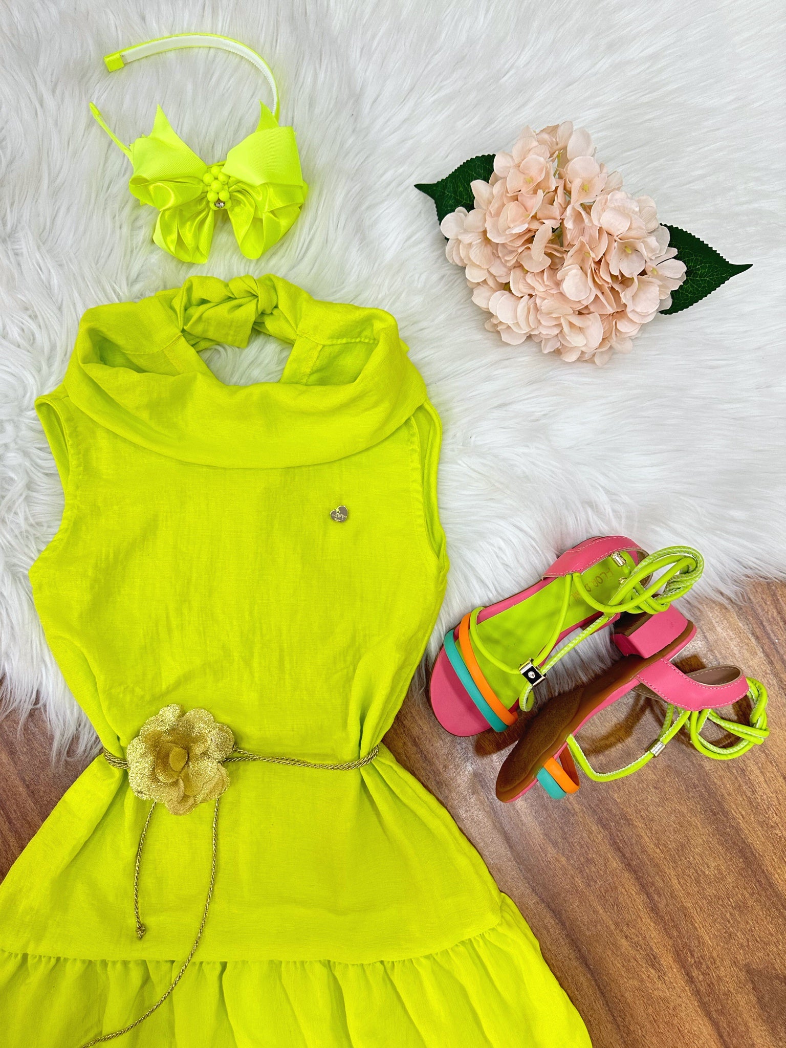 Vestido Infantil Crepinho Verde Lima Cinto de Cordão Festa